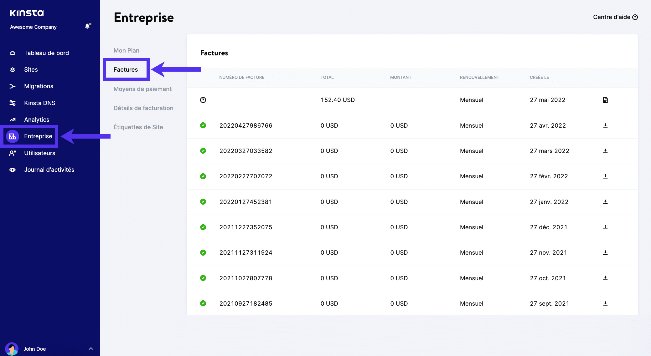 Factures sur le tableau de bord MyKinsta.