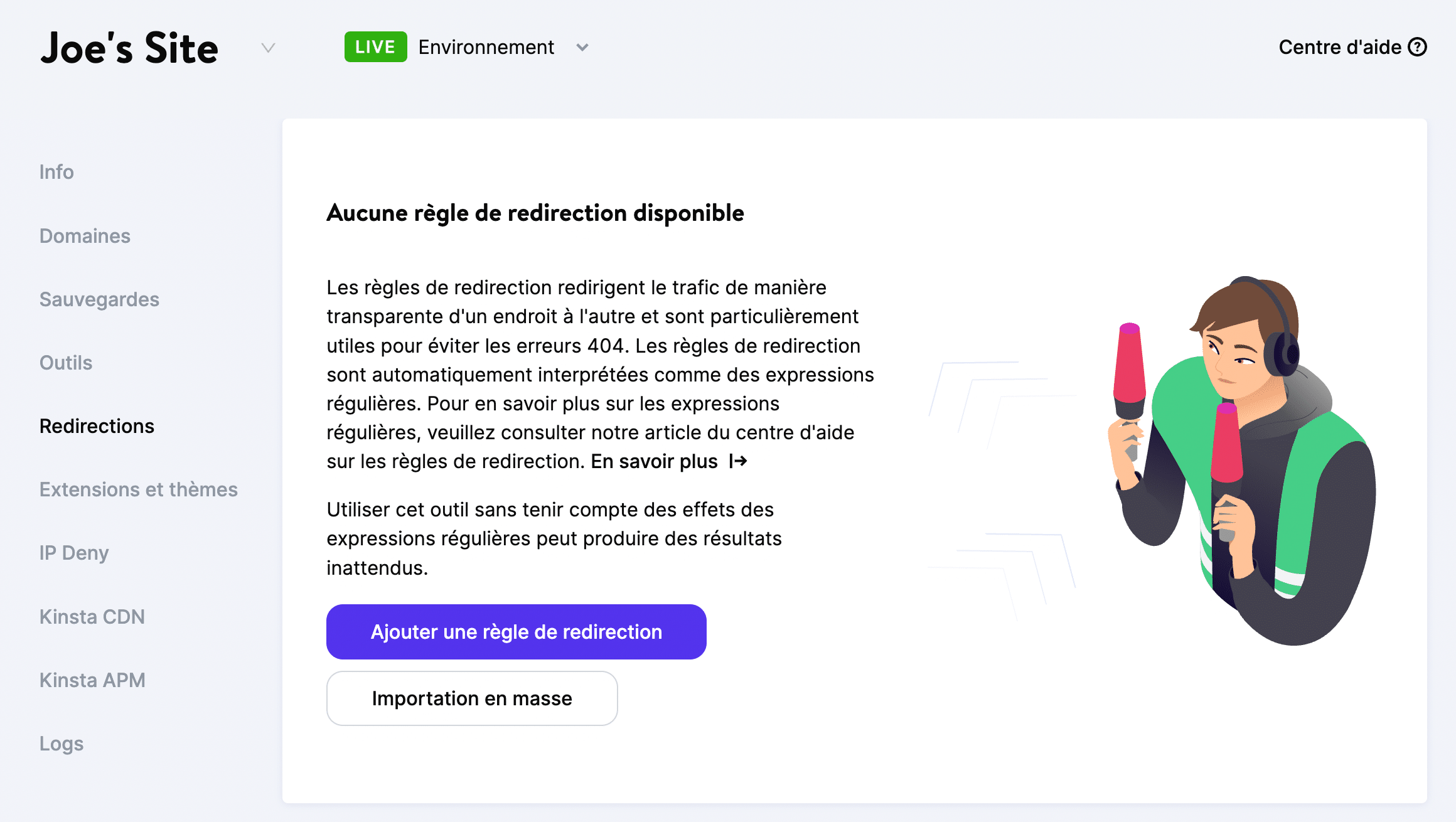 Ajout de règles de redirection dans MyKinsta.