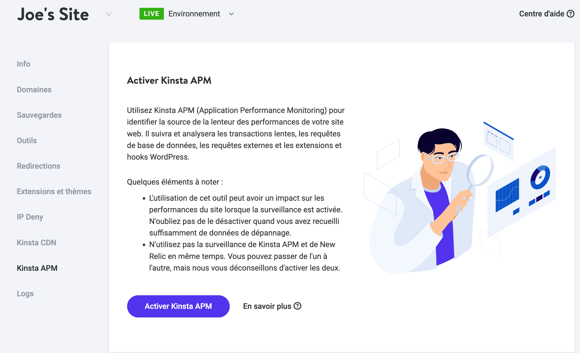 Activation de Kinsta APM dans le tableau de bord MyKinsta.