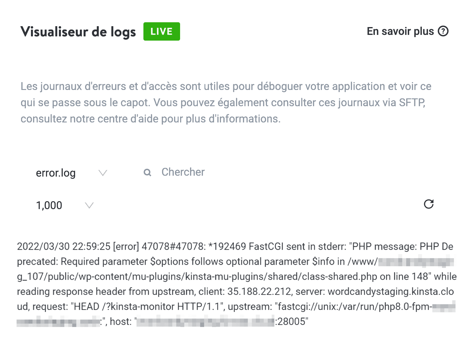Les erreurs s'afficheront dans MyKinsta