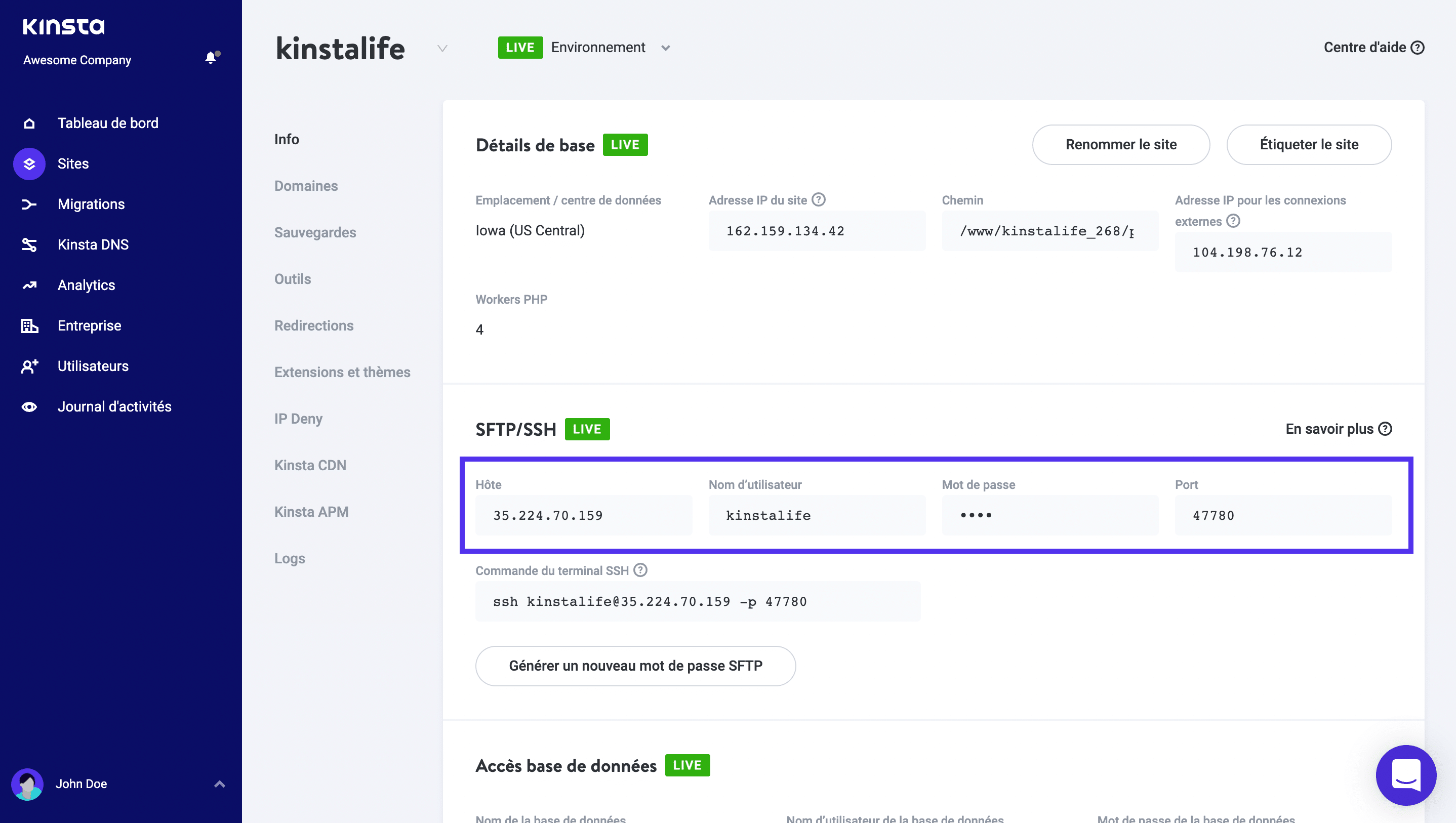 Détails SFTP dans MyKinsta.