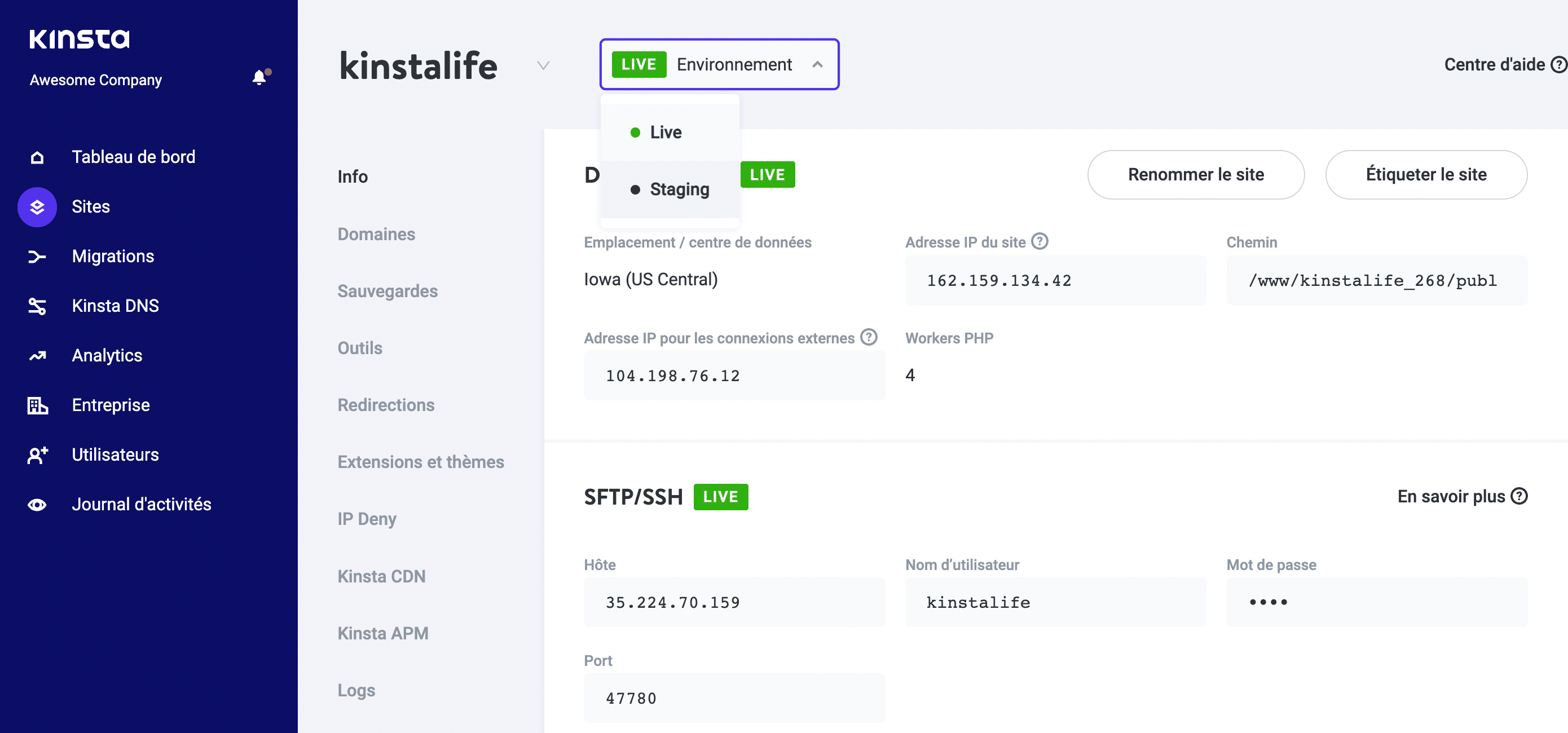 La fonction de staging de Kinsta.