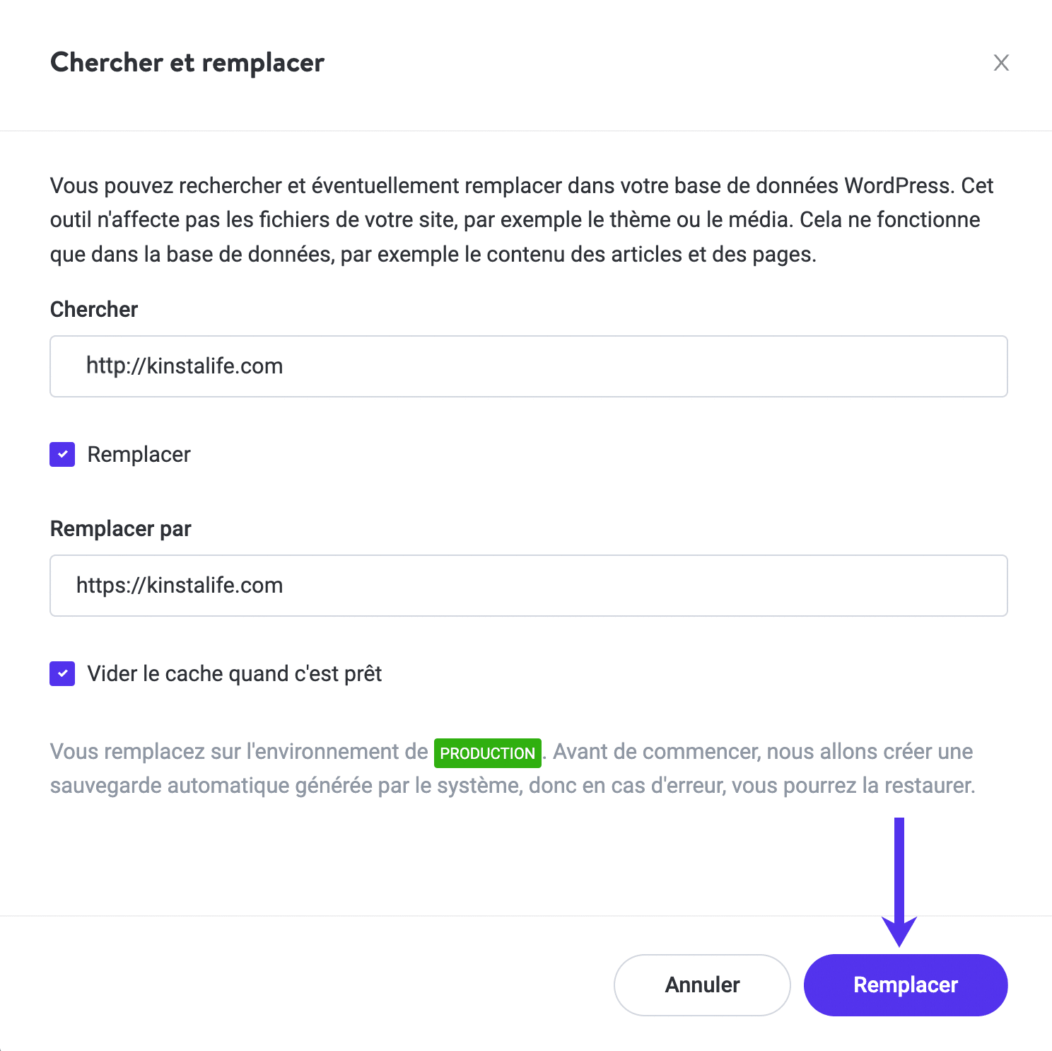 Utilisation de l'outil « Rechercher et remplacer » dans MyKinsta.