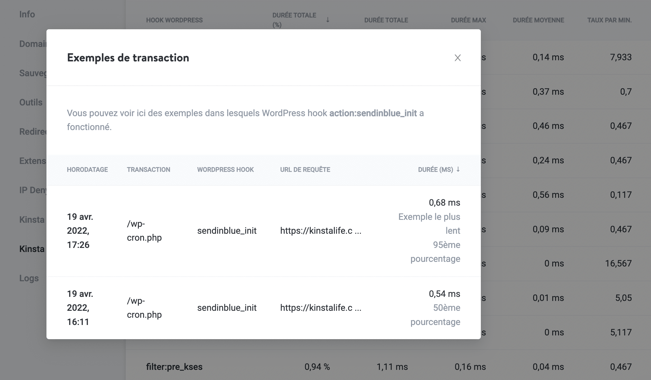 Voir les échantillons de transaction d'un hook lent avec Kinsta APM.