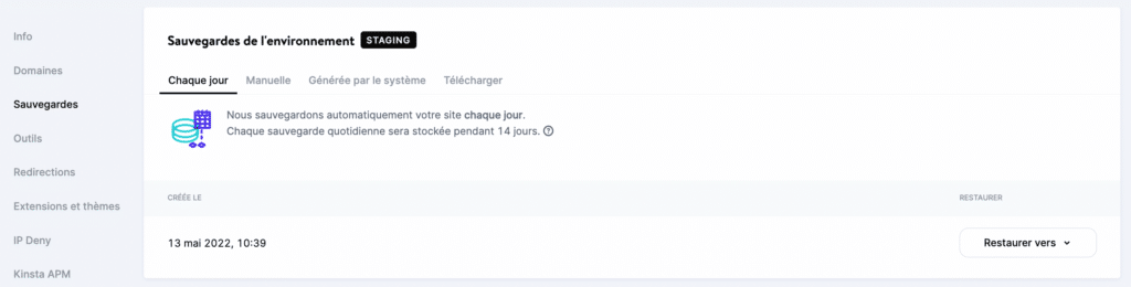 La page des sauvegardes de l'environnement dans MyKinsta.