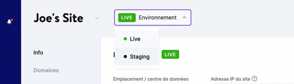 Le menu d'actions de l'environnement.