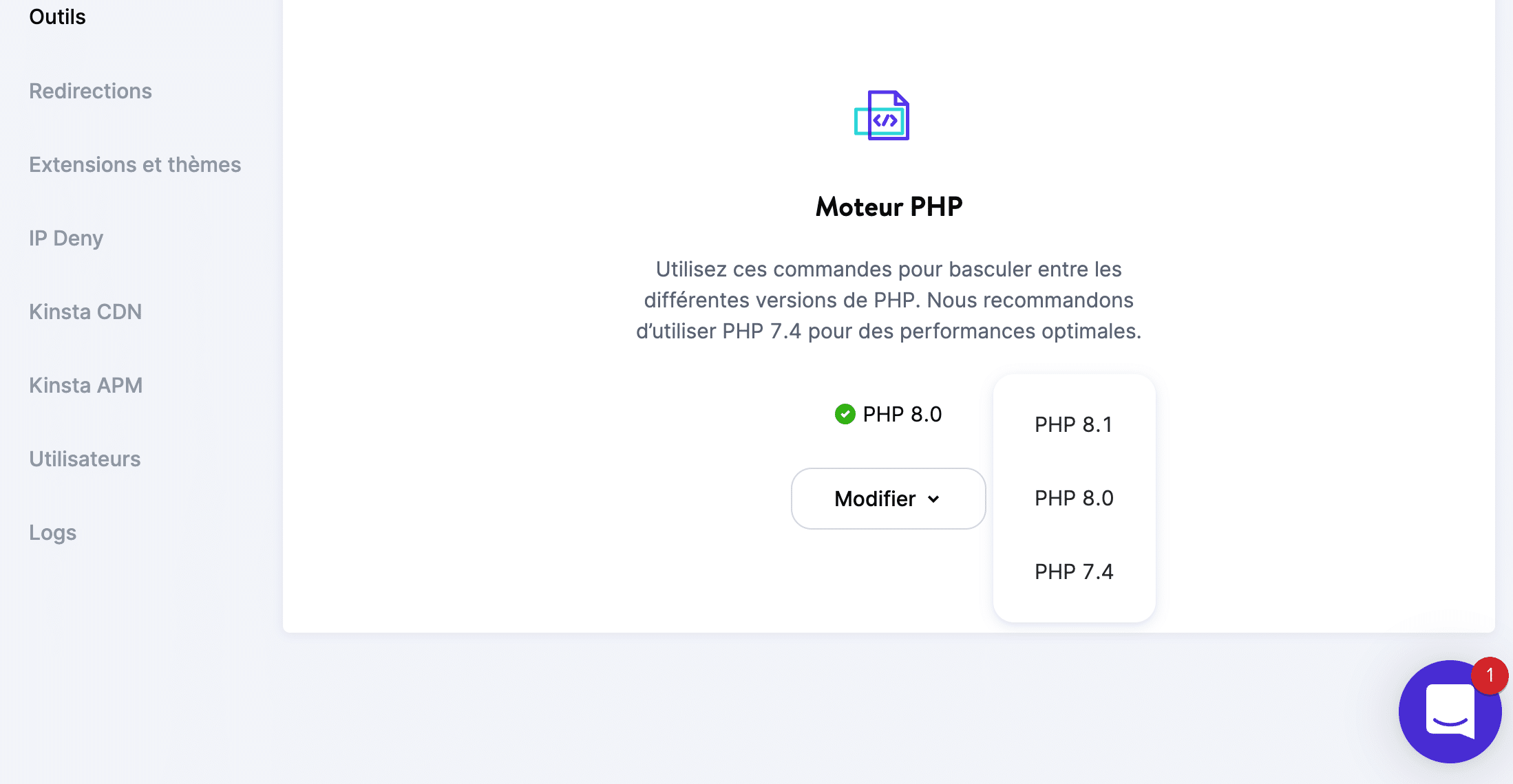 Versions de PHP dans MyKinsta.