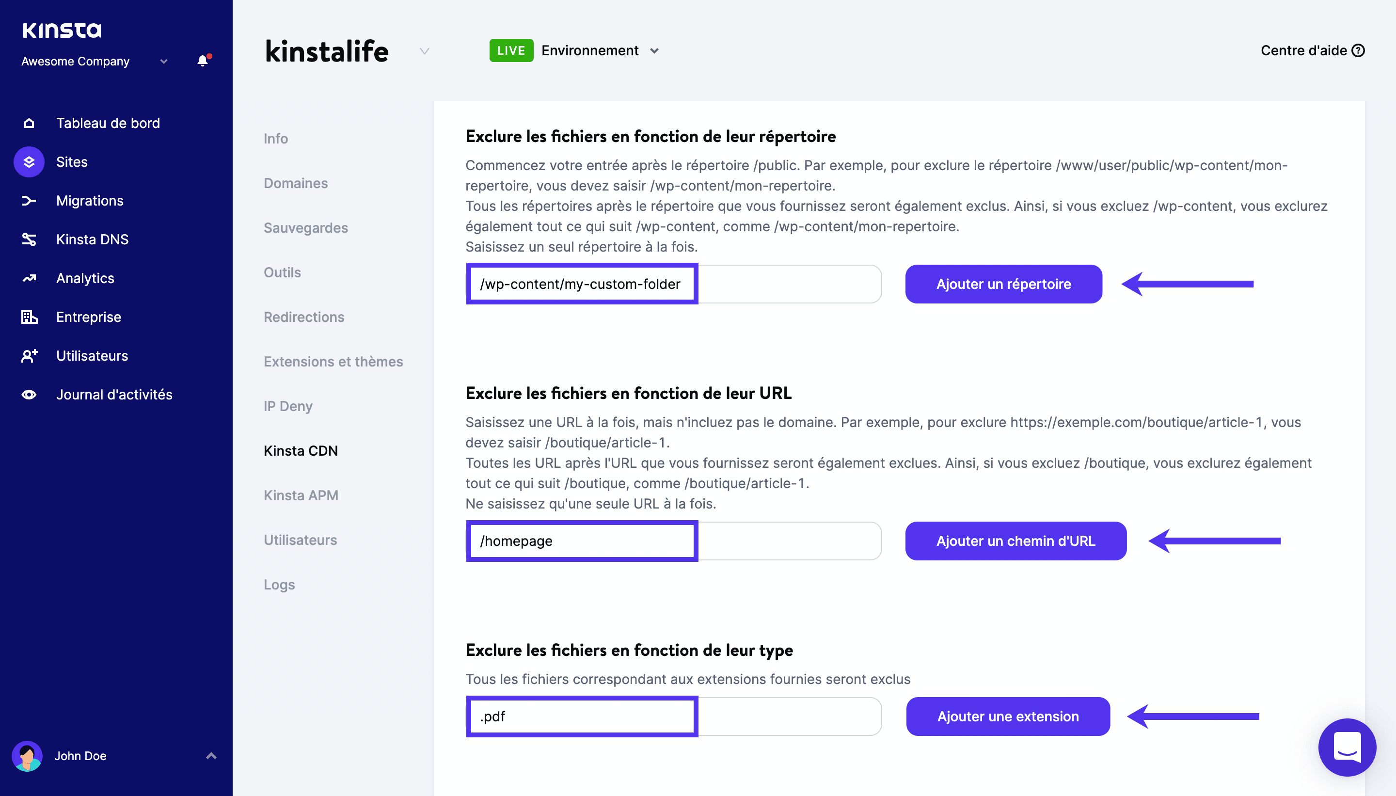 Ajout d'exclusions de répertoire, d'URL et de fichier au CDN de Kinsta.
