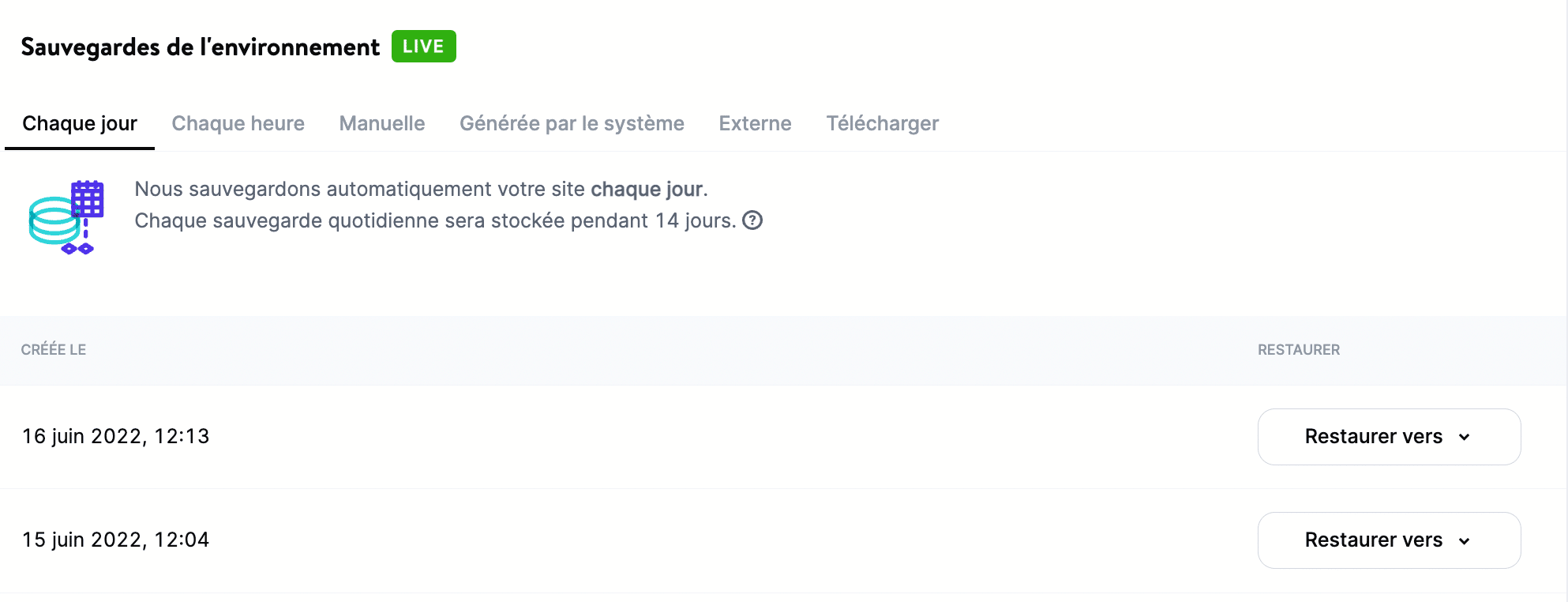 Sauvegardes automatiques dans MyKinsta