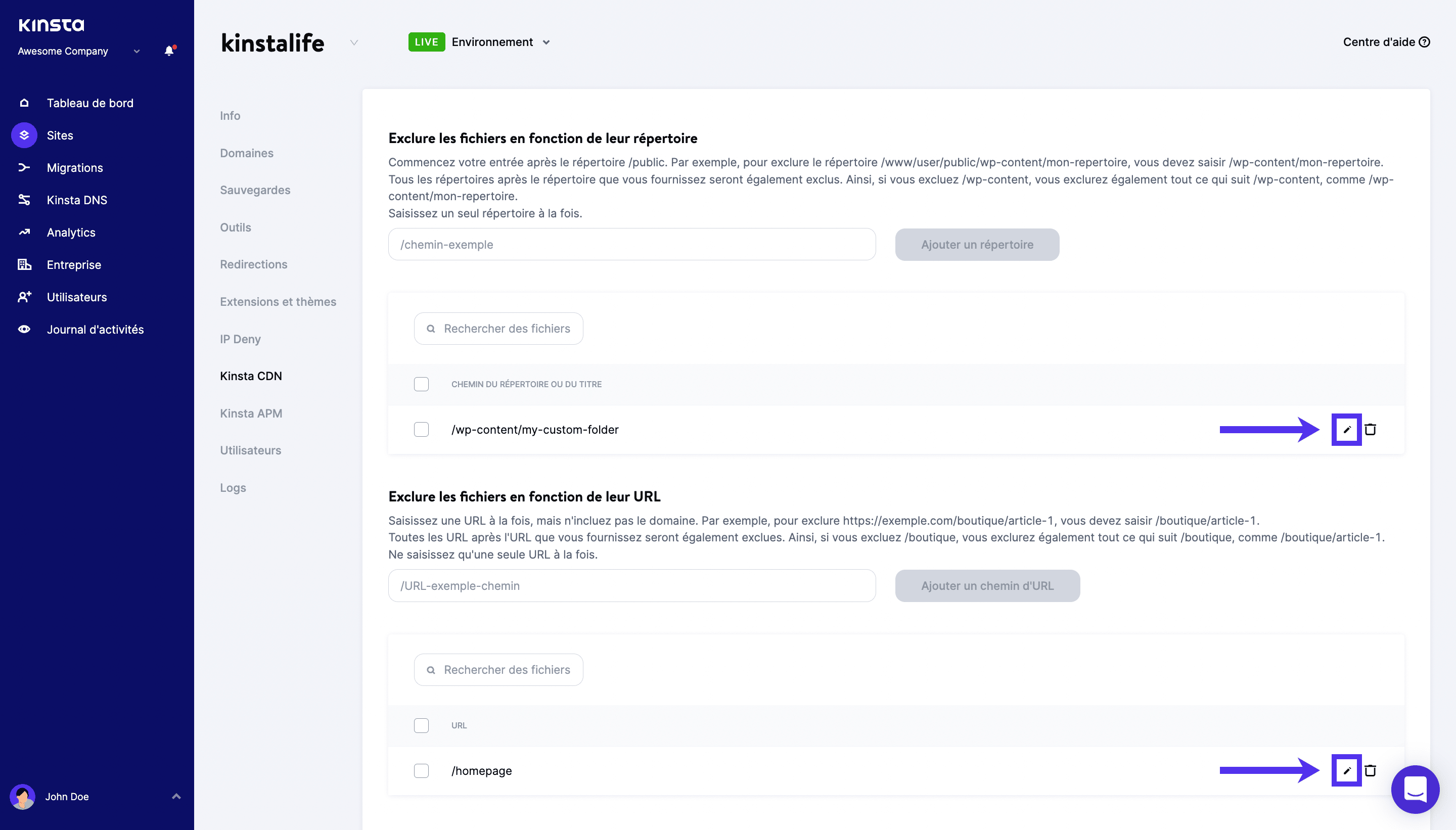 Modifier les exclusions de répertoire ou d'URL dans les réglages du CDN Kinsta.