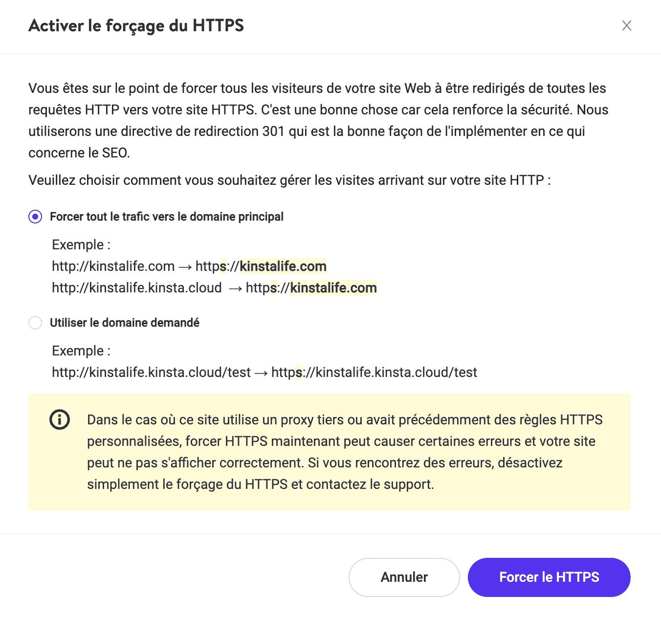 Options de forçage HTTPS