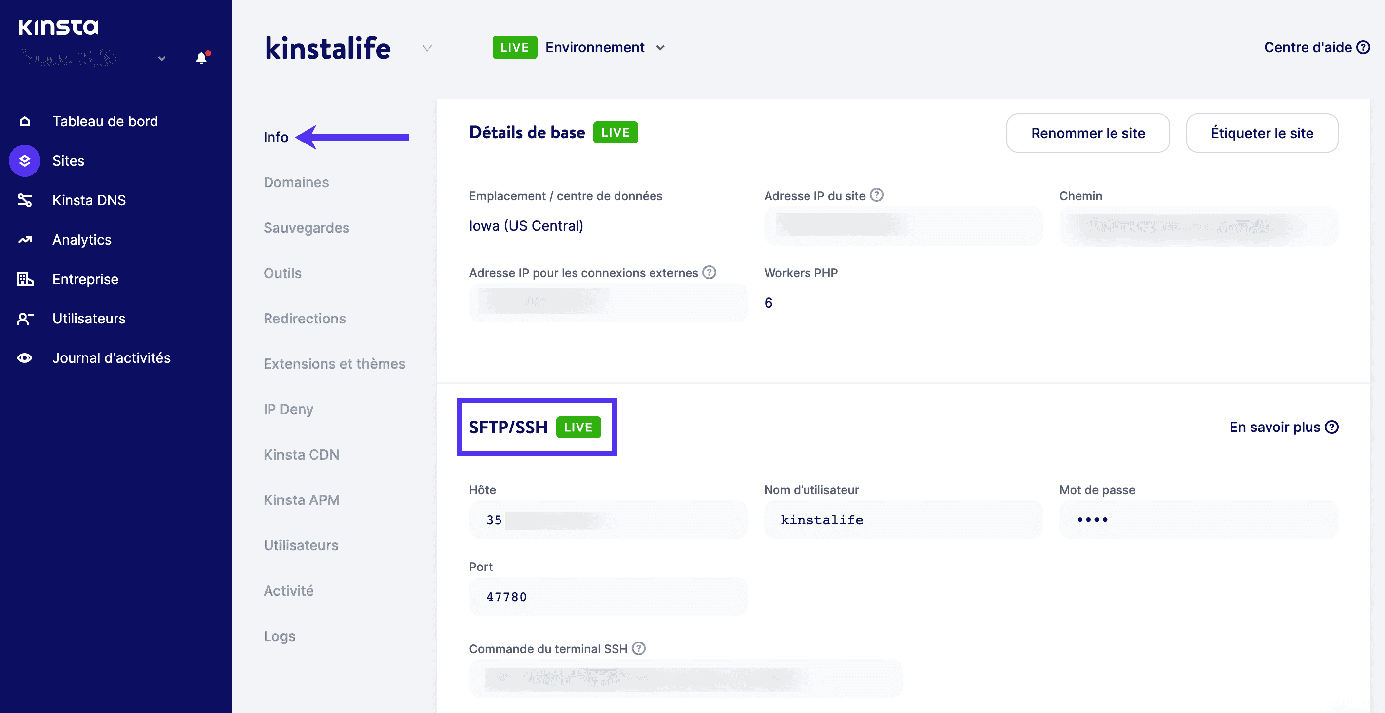 Allez dans Info > SFTP/SSH dans MyKinsta.