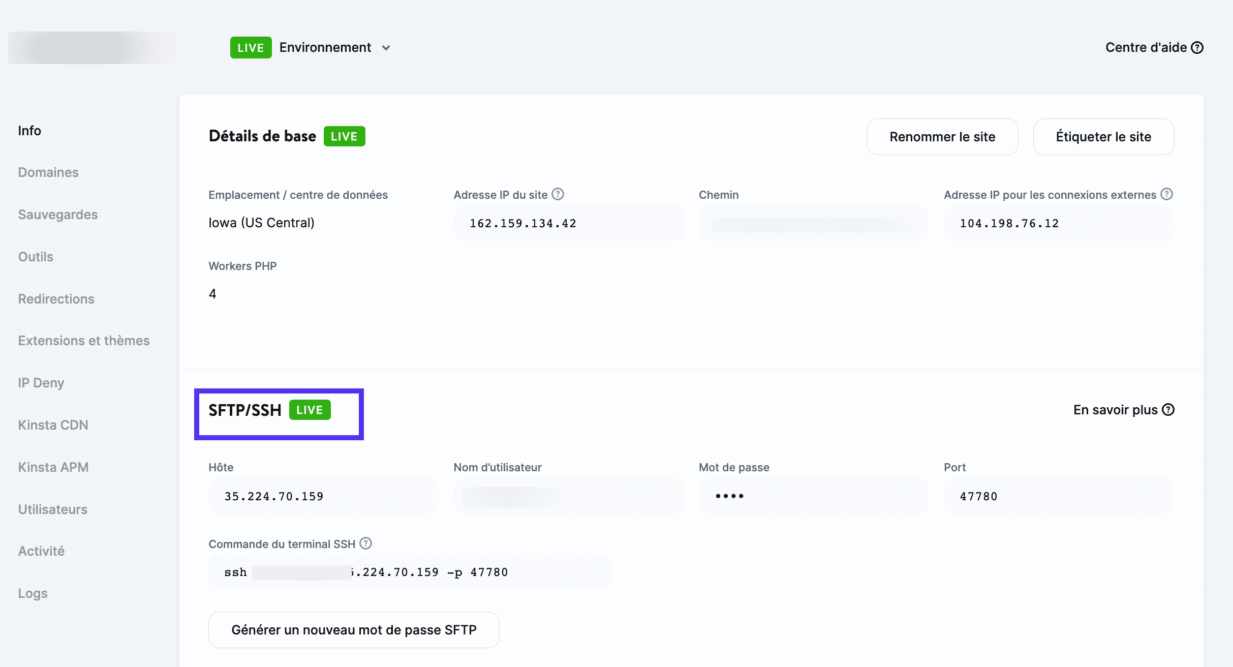 Trouvez la section SFTP/SSH