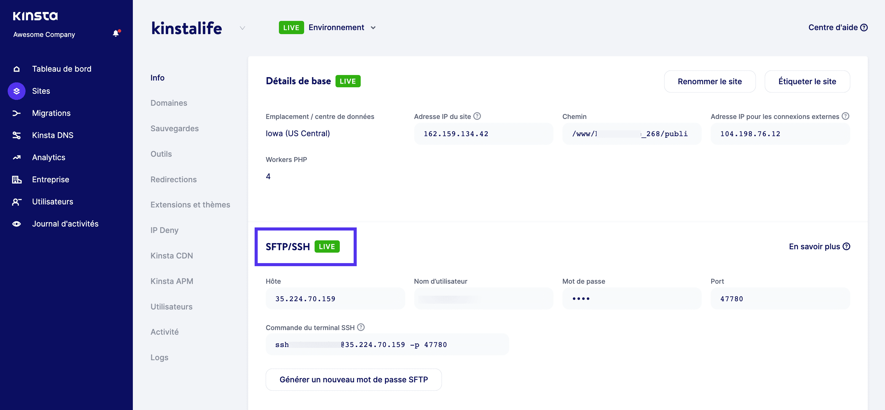 Naviguez vers la section SFTP/SSH