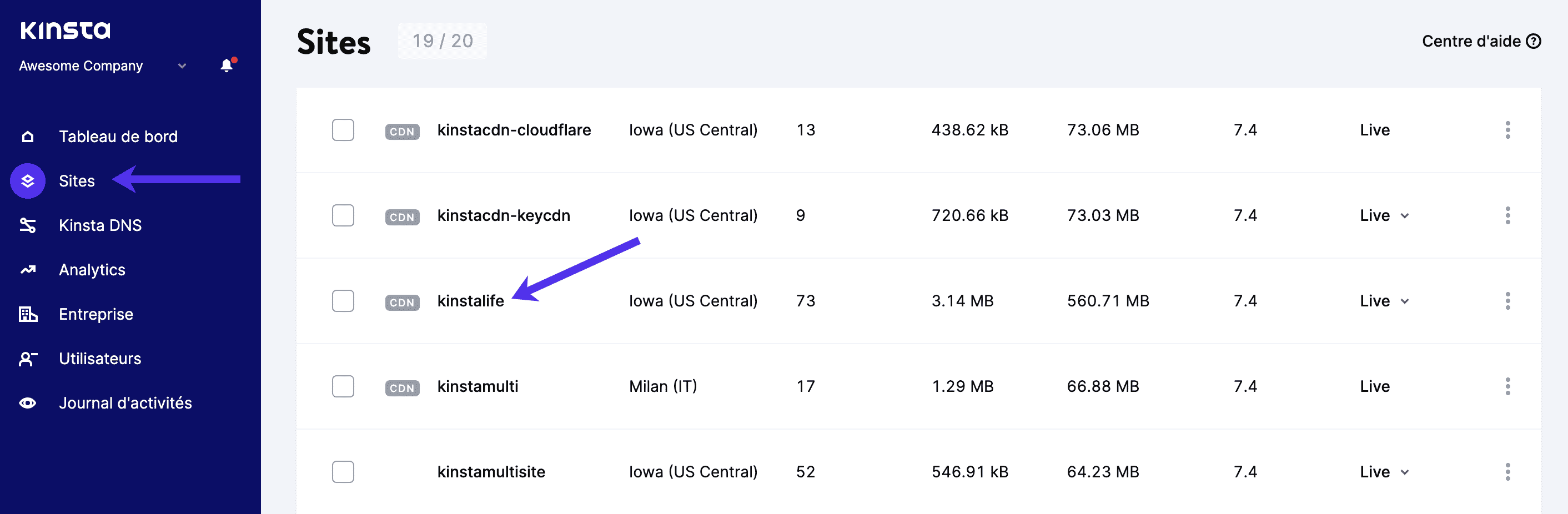Dans MyKinsta, cliquez sur Sites, puis choisissez le site auquel vous voulez vous connecter.