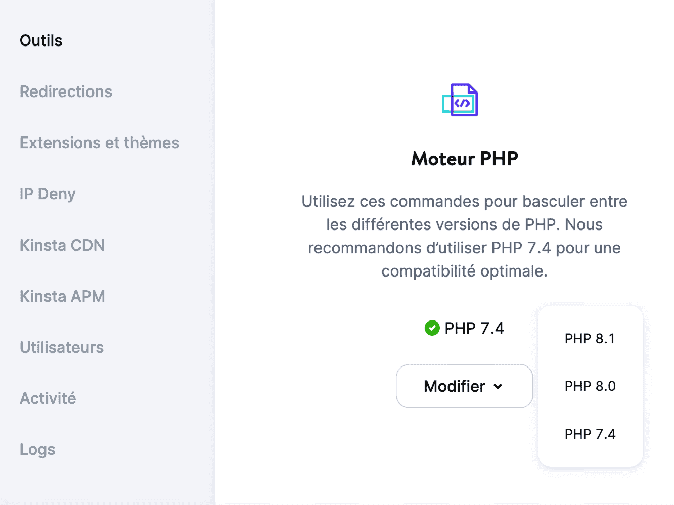 Mise à jour de PHP à l'aide de la plateforme MyKinsta