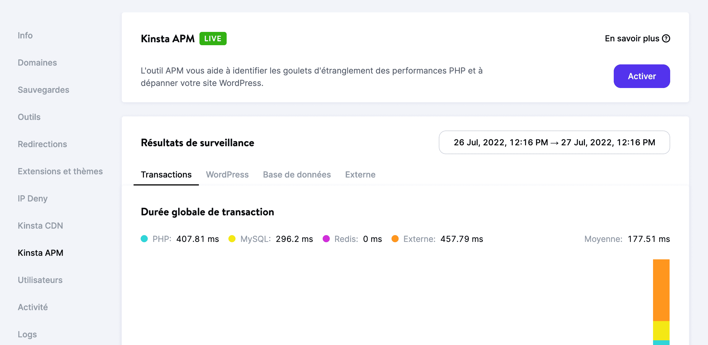 L'écran de Kinsta APM