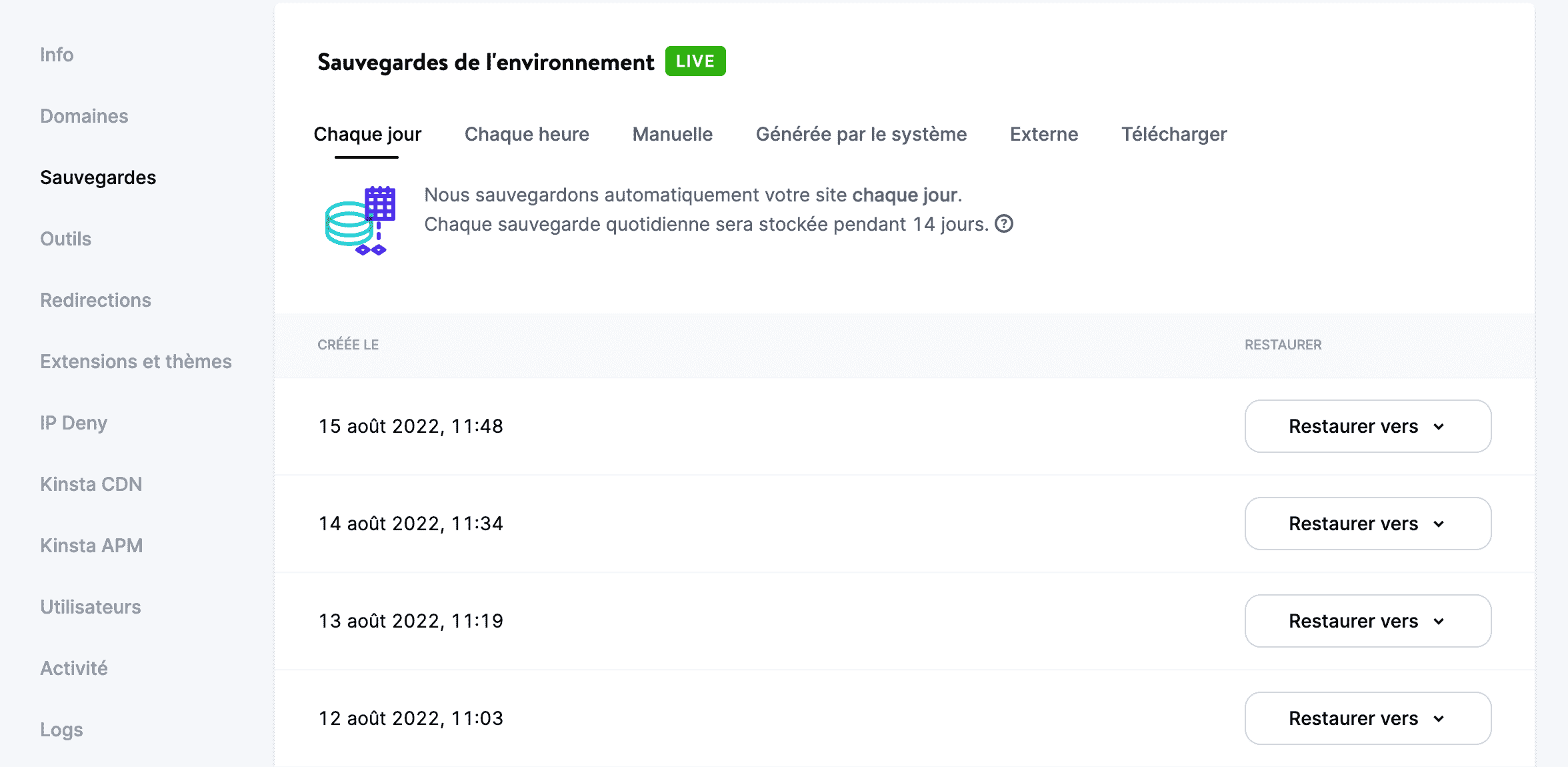 L'onglet Sauvegardes de MyKinsta