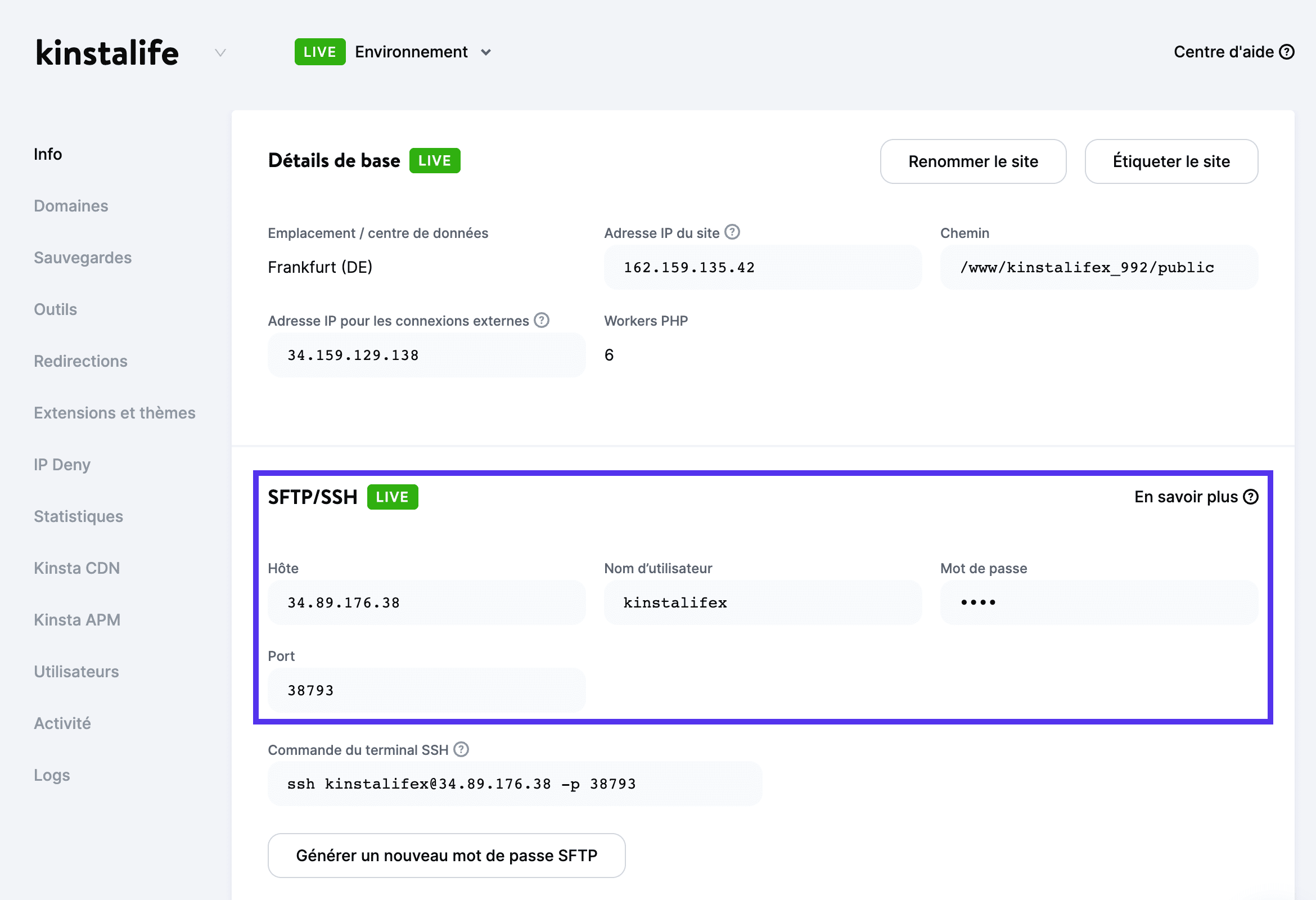 Trouver la section SFTP/SSH