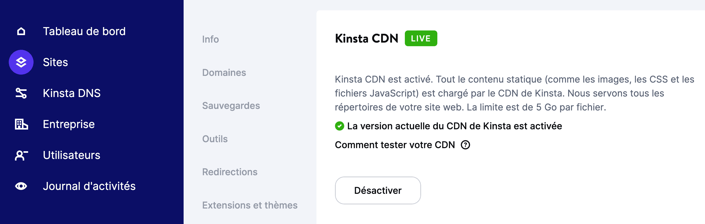 Désactiver l'intégration CDN pour votre site web en utilisant le panneau MyKinsta