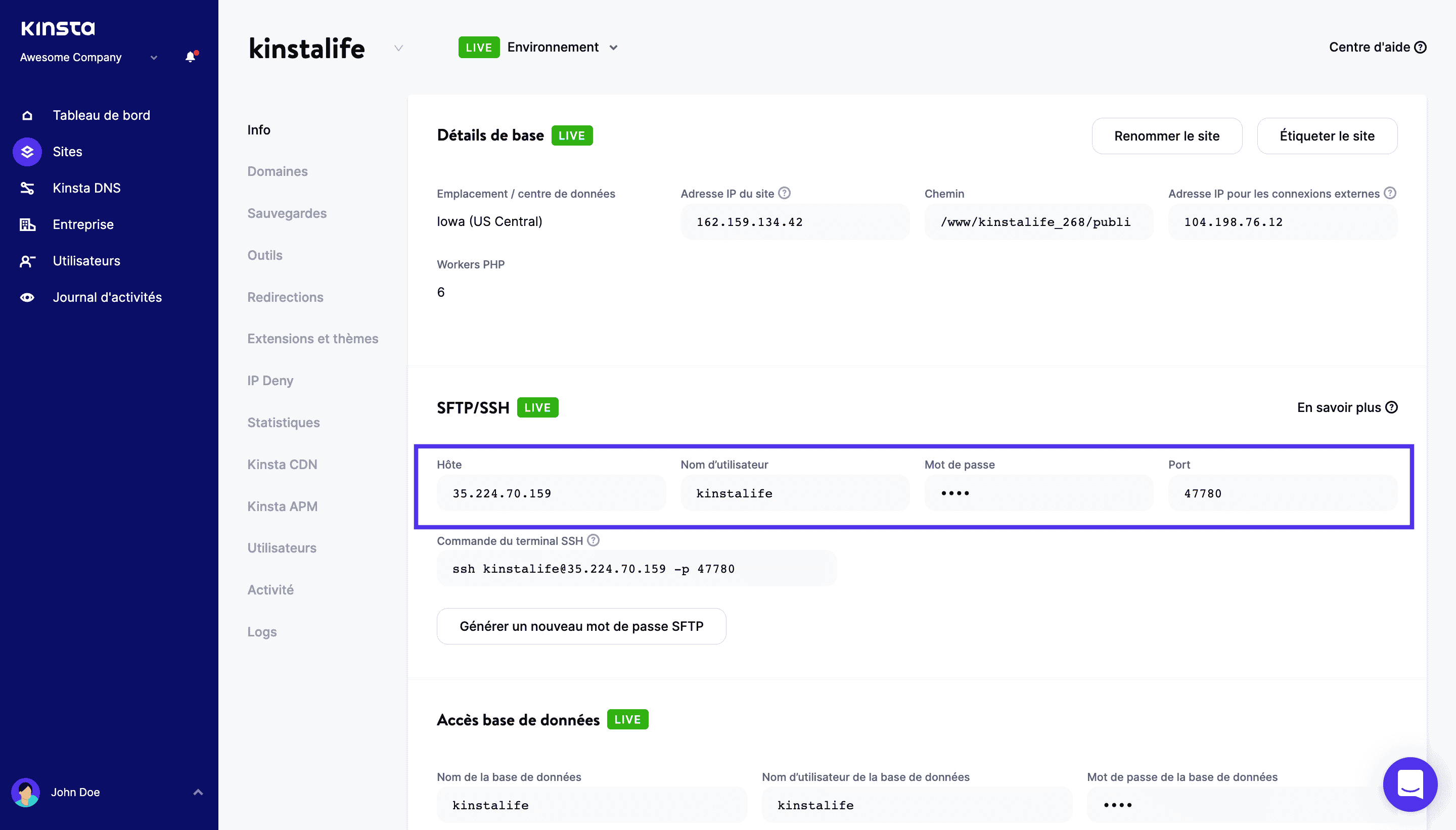 Rassembler les informations de connexion SFTP à partir du tableau de bord MyKinsta.