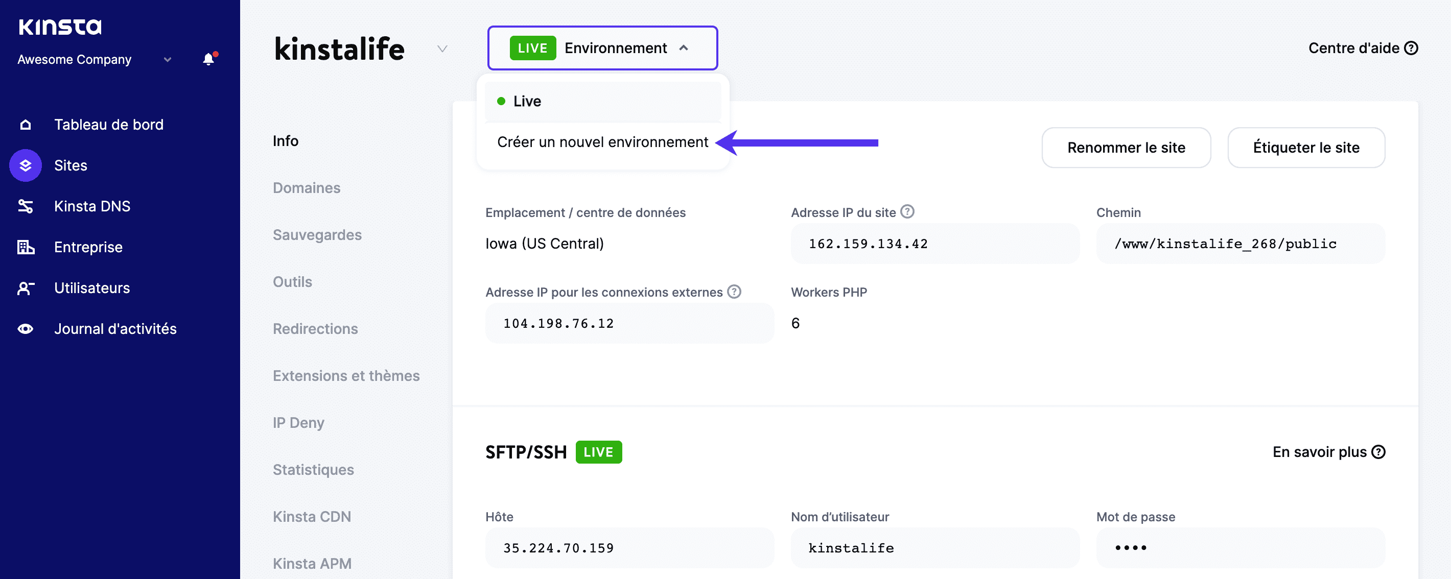 Création d'un nouvel environnement de staging dans MyKinsta.