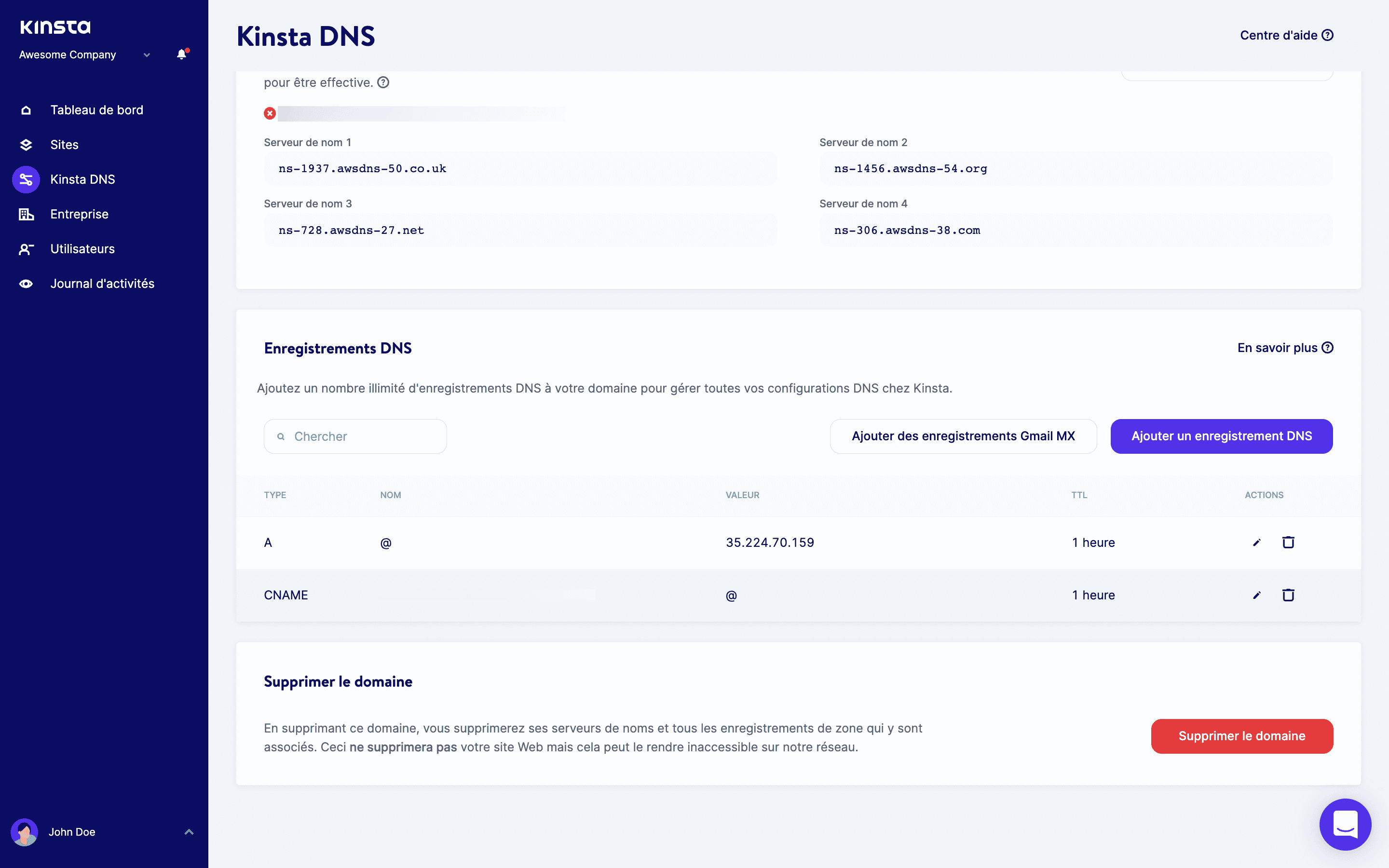 Enregistrements DNS dans MyKinsta