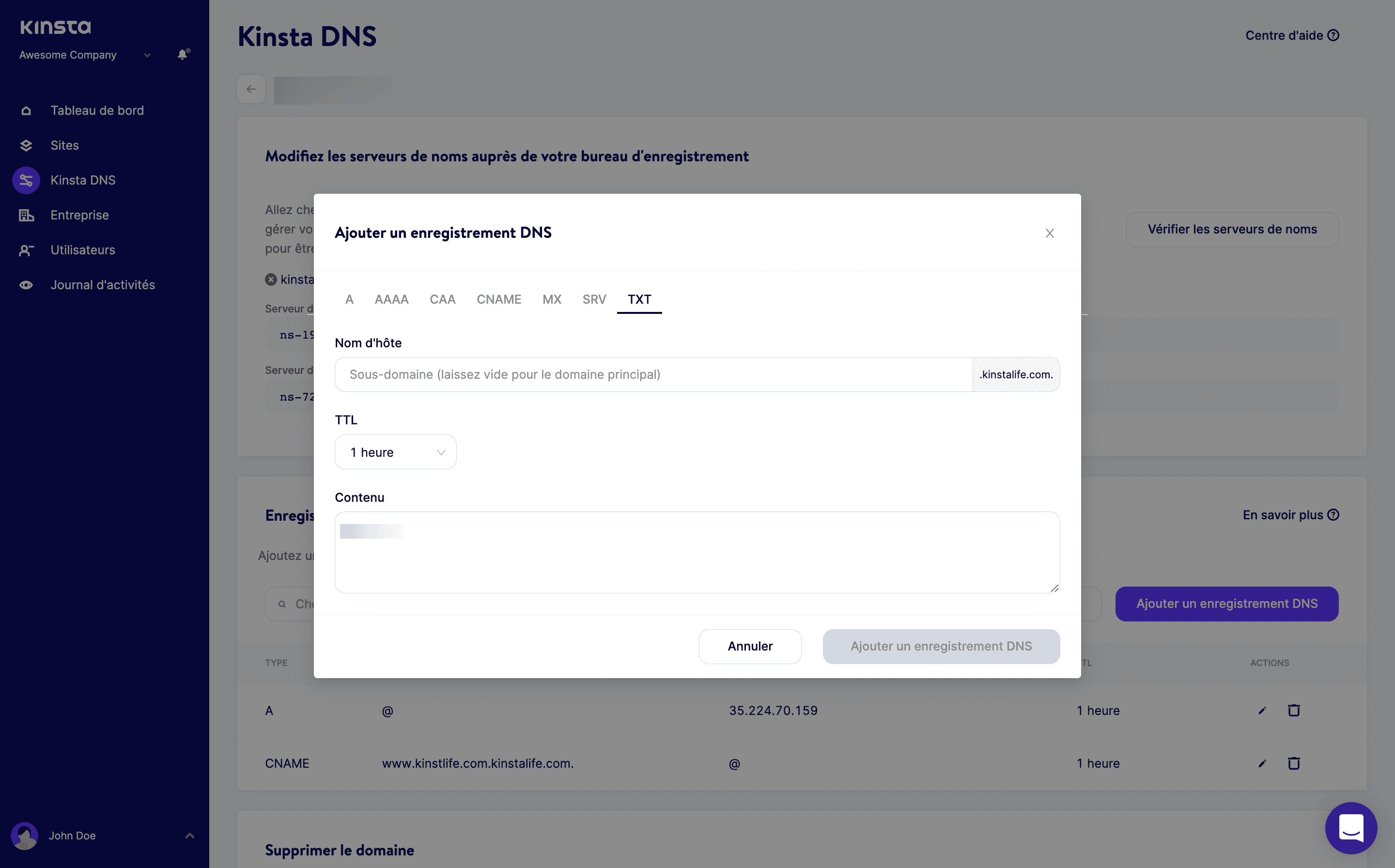 Ajout d'un enregistrement DNS dans MyKinsta