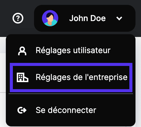 Accéder aux réglages de l'entreprise depuis la barre de navigation supérieure.