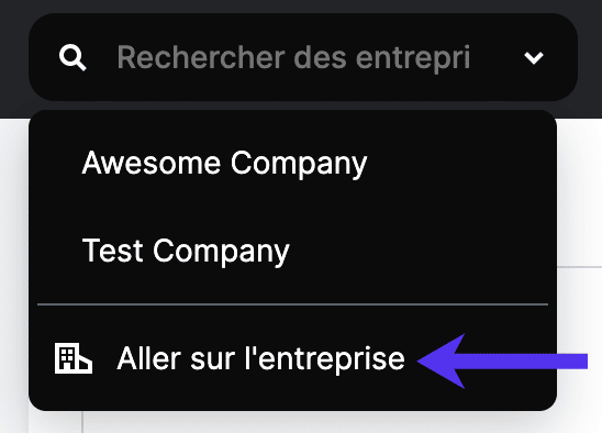 Lien vers les réglages de l'entreprise à partir de la liste déroulante des entreprises.