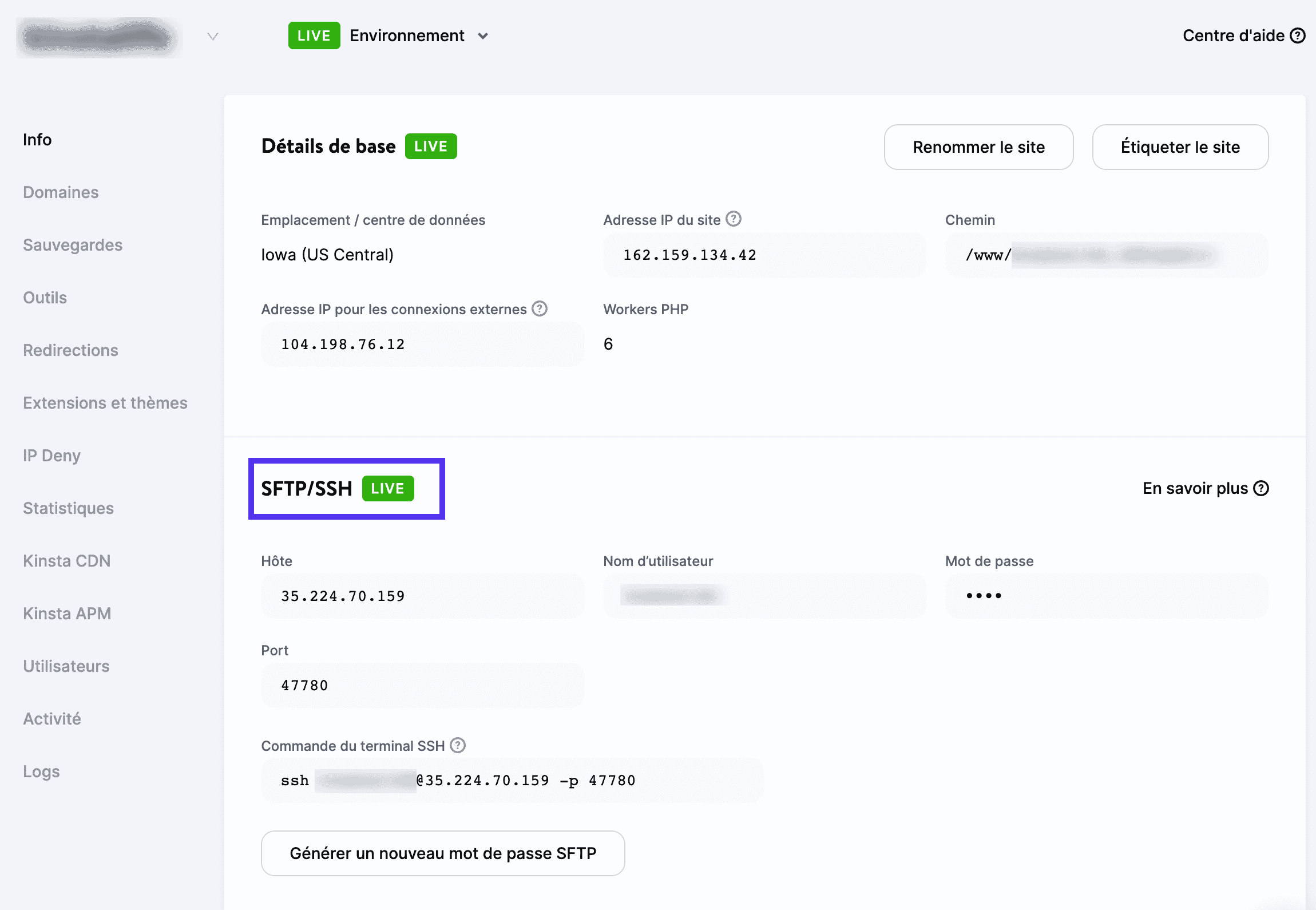 Identifiants de connexion SFTP de MyKinsta