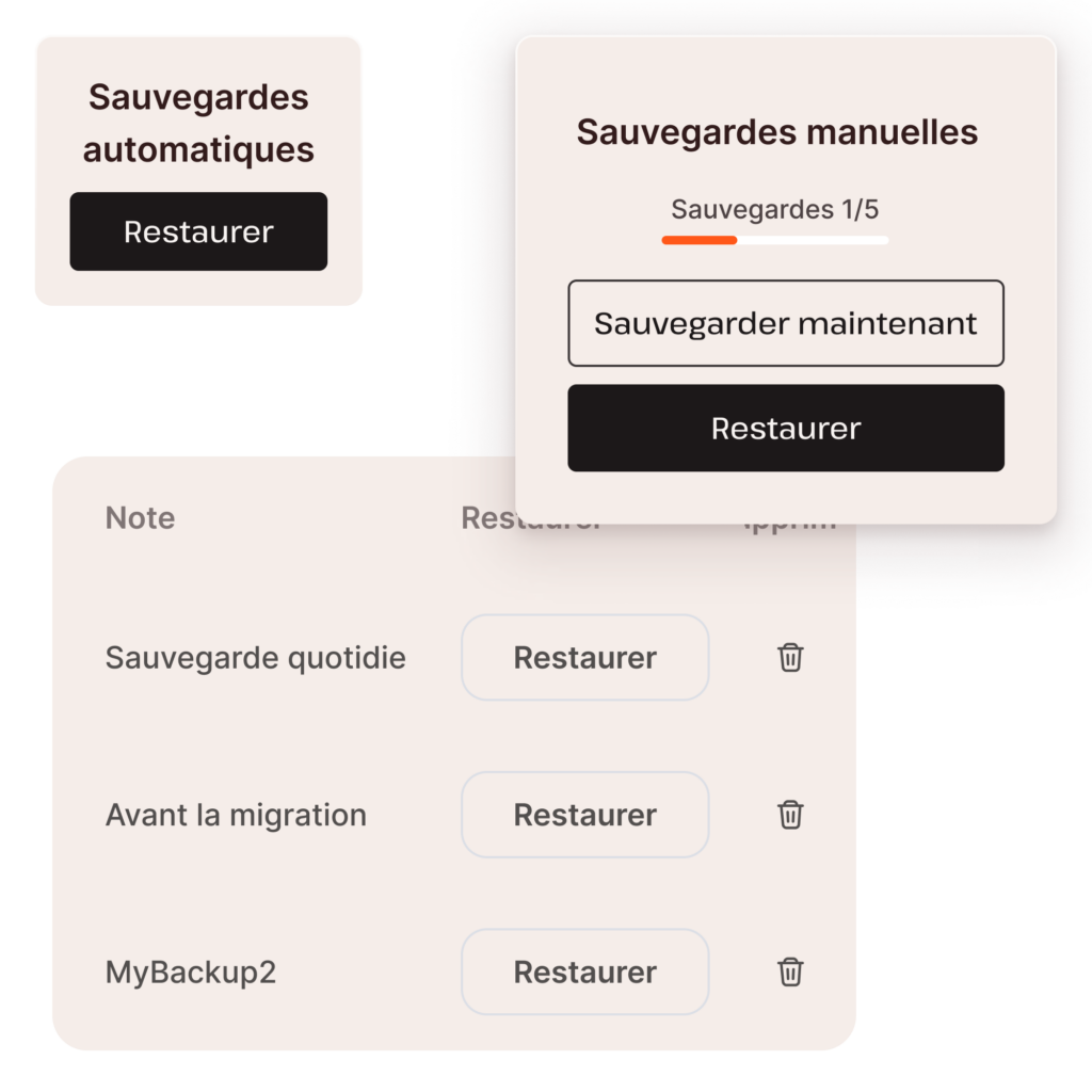 Captures d'écran montrant la fonctionnalité de sauvegarde de la base de données