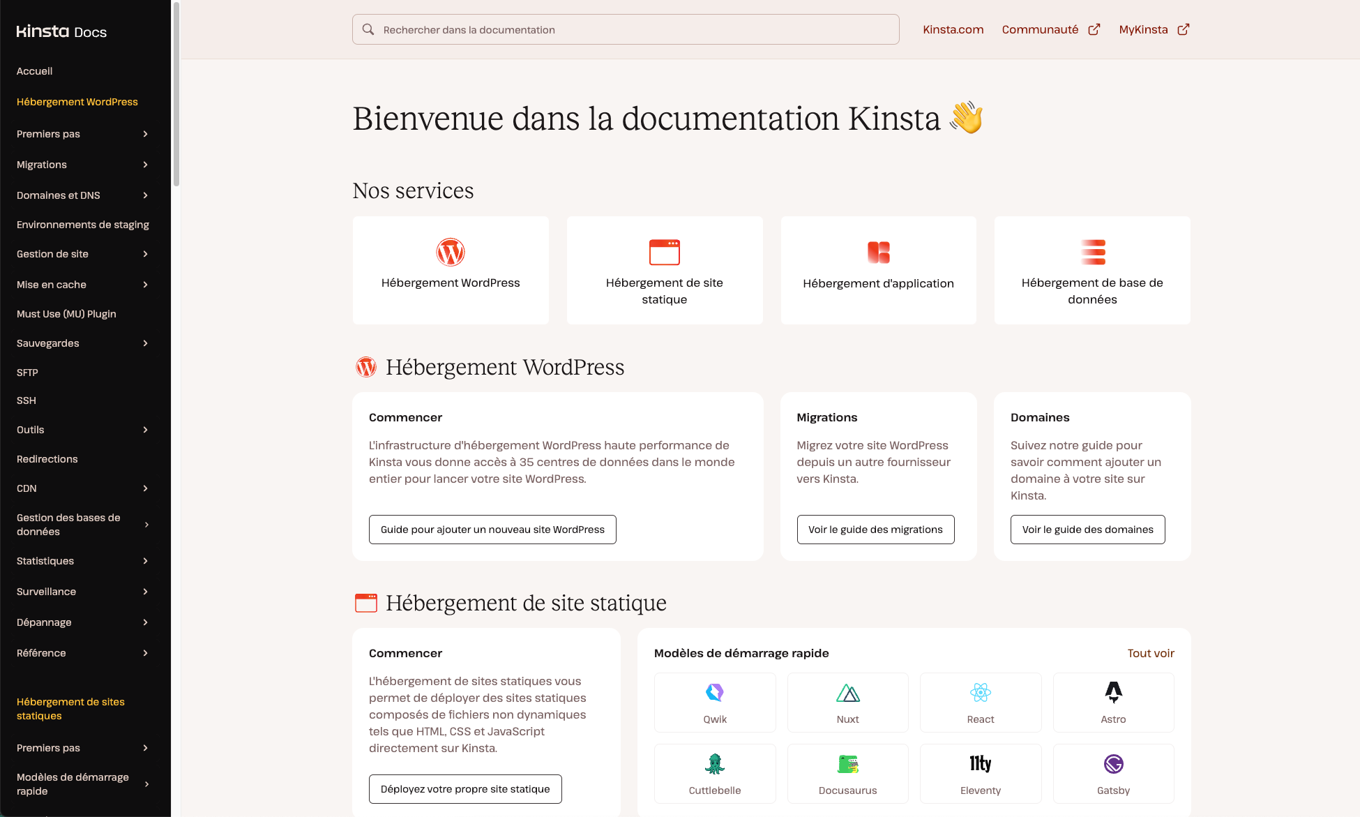 Consultez la page d'accueil de la documentation de Kinsta en français.
