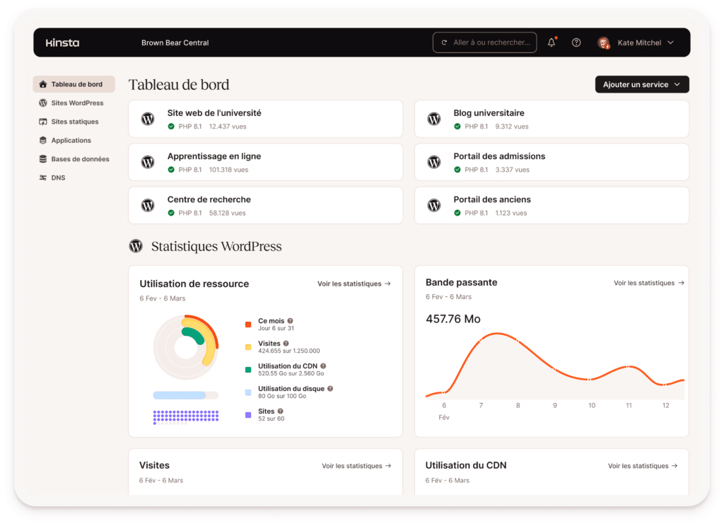 Tableau de bord d'un client du secteur de l'éducation chez Kinsta utilisant multisite