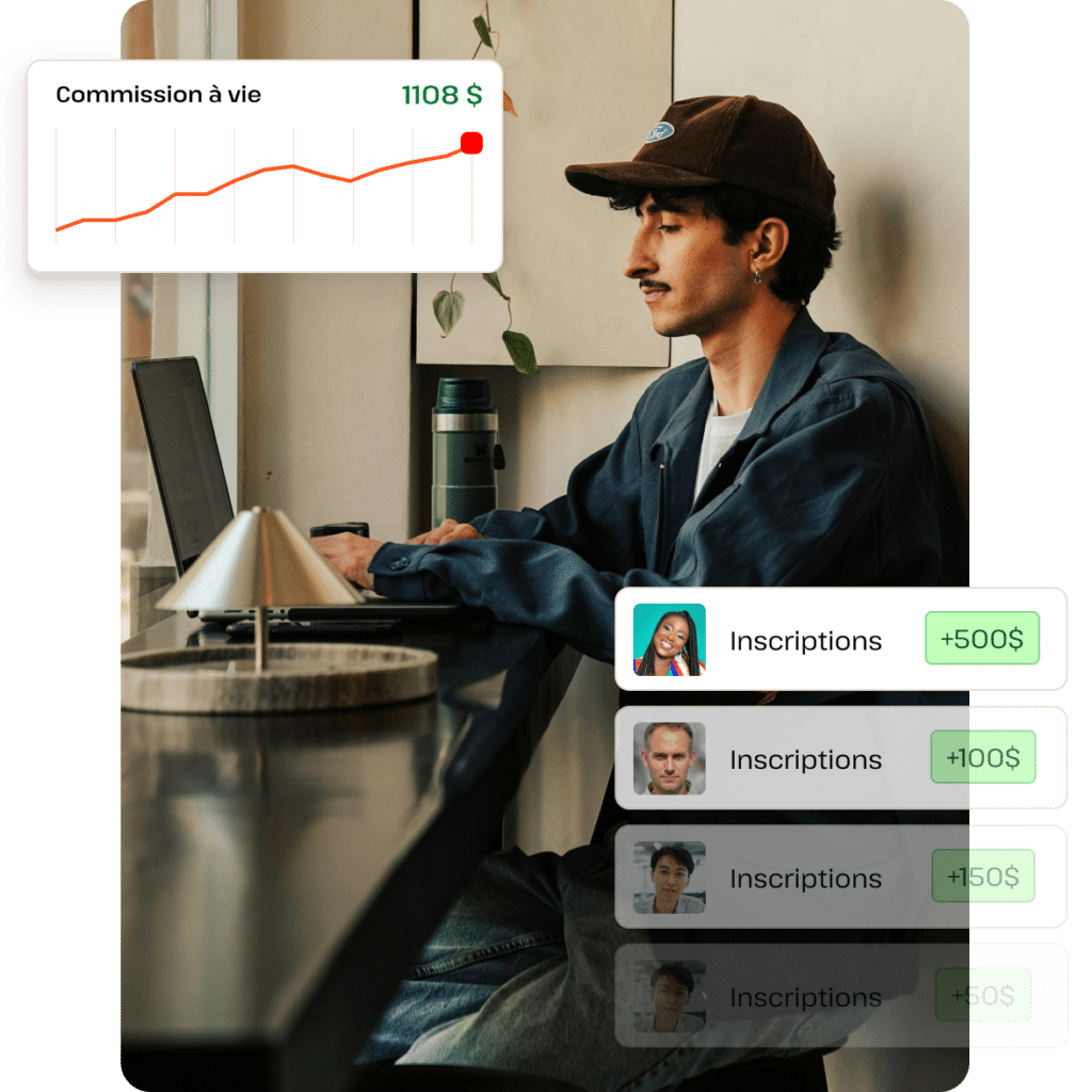 Homme assis devant un ordinateur avec un graphique ascendant à l'écran, représentant le succès du marketing d'affiliation.