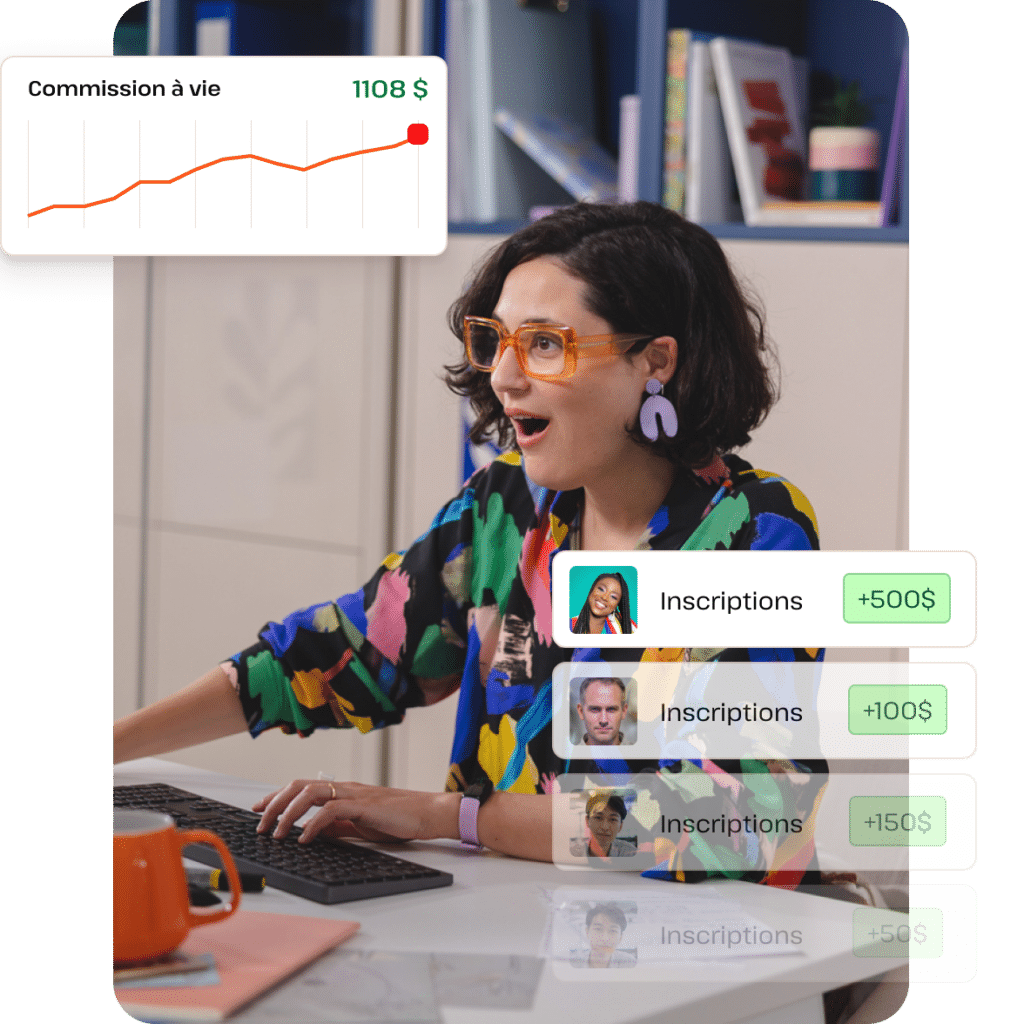 Femme travaillant sur un ordinateur, symbolisant les revenus générés par le marketing d'affiliation en tant que conceptrice ou développeuse web.