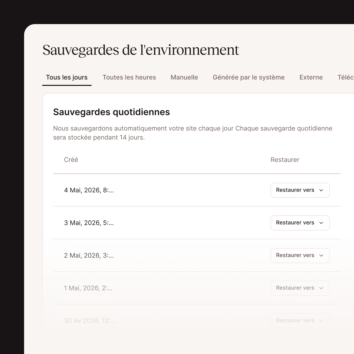 Différents types de sauvegardes proposés par Kinsta dans le tableau de bord MyKinsta