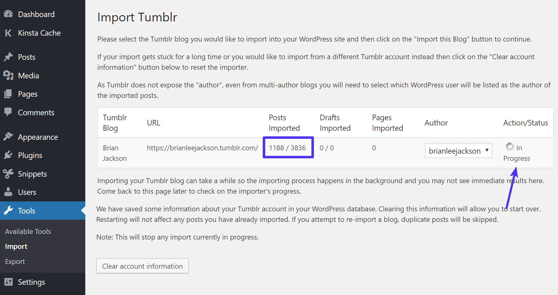 Progressi nell'importazione di Tumblr