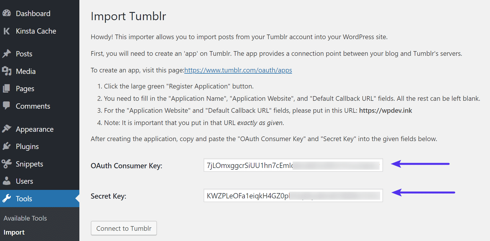 Chiavi dell'applicazione di Tumblr