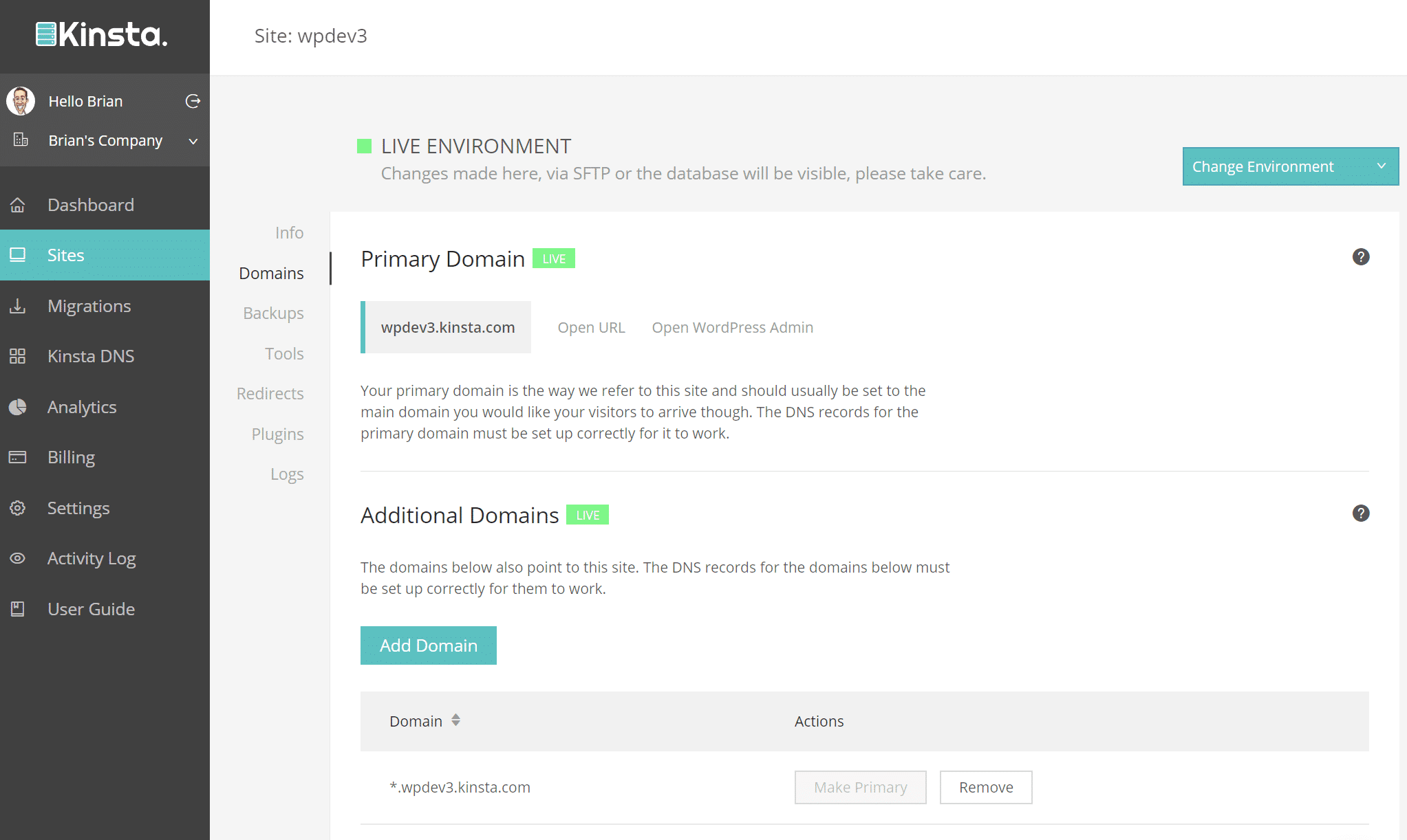 Dominio temporaneo Kinsta