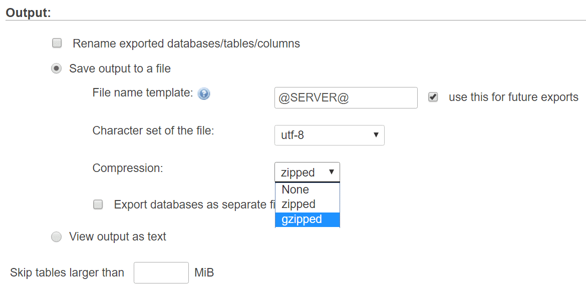 Salvare il file del database in gzip