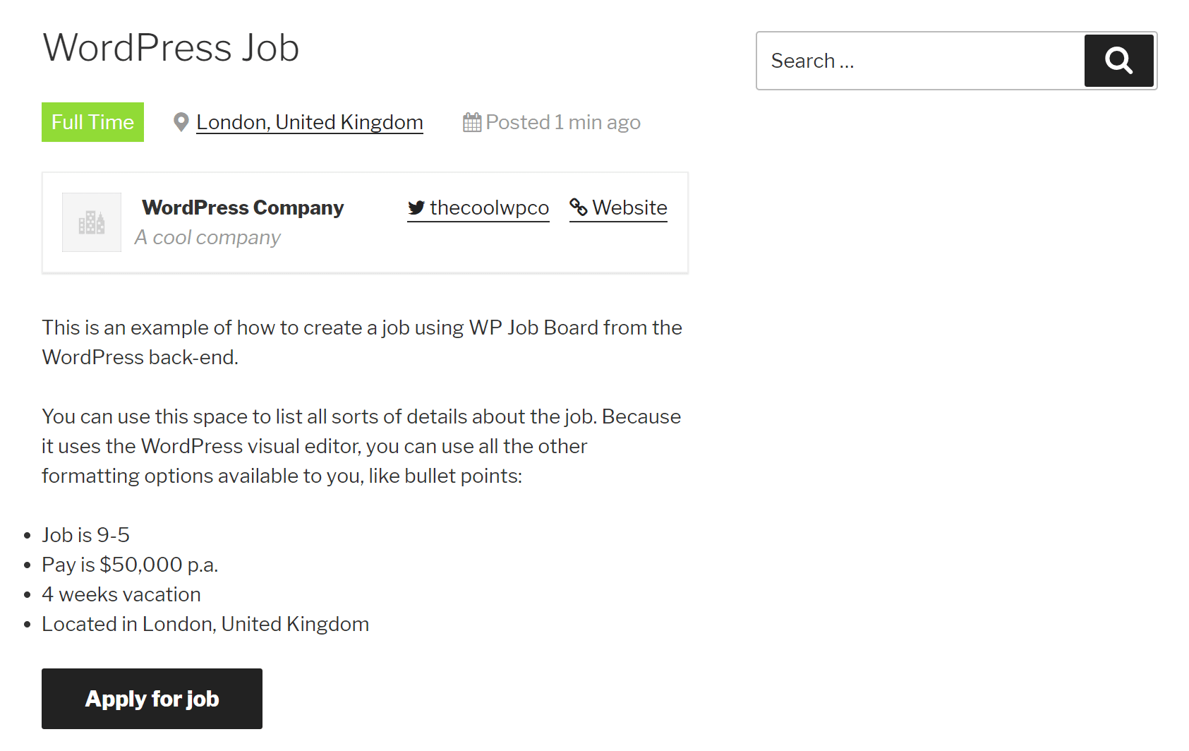 Annuncio di lavoro di WP Job board