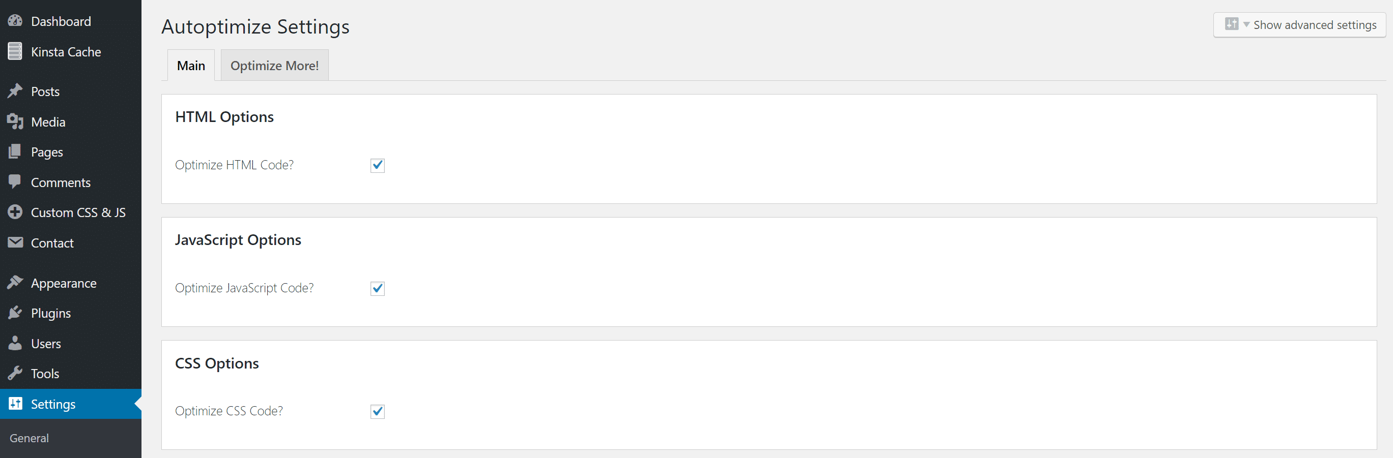 Autoptimize settings Impostazioni di Autoptimize
