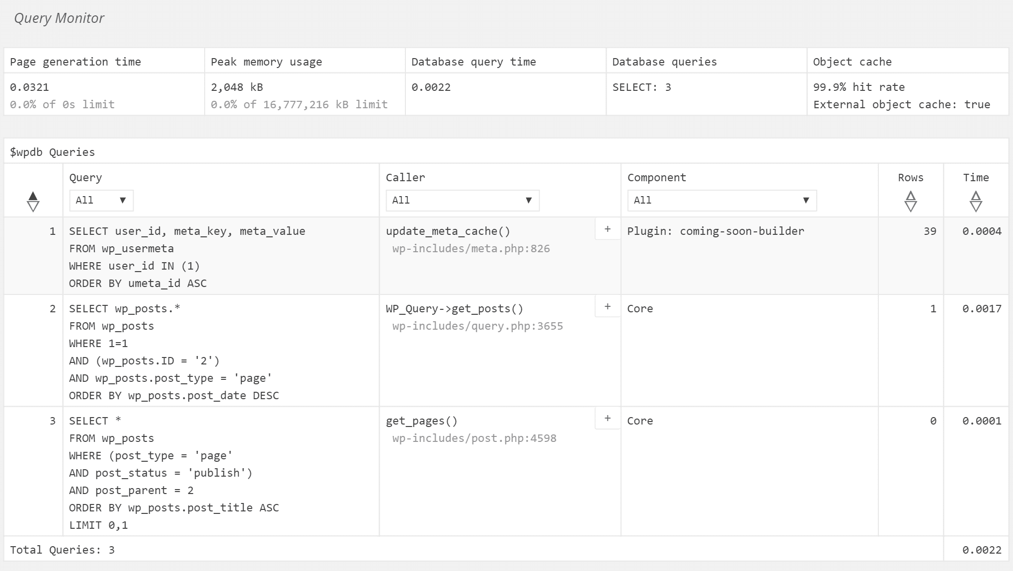 Query WordPress nel plugin Query Monitor