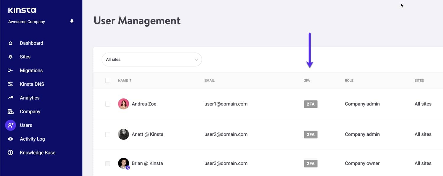 2FA status in MyKinsta.