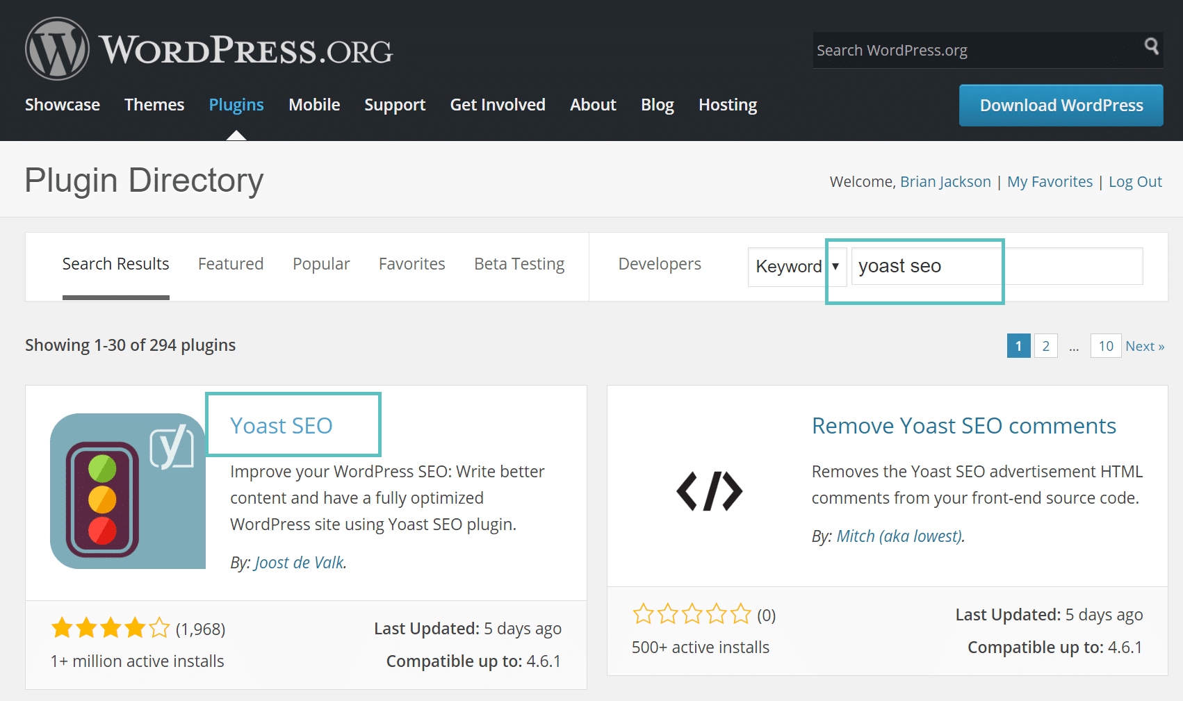 Ricerca di plugin nella repository di WordPress