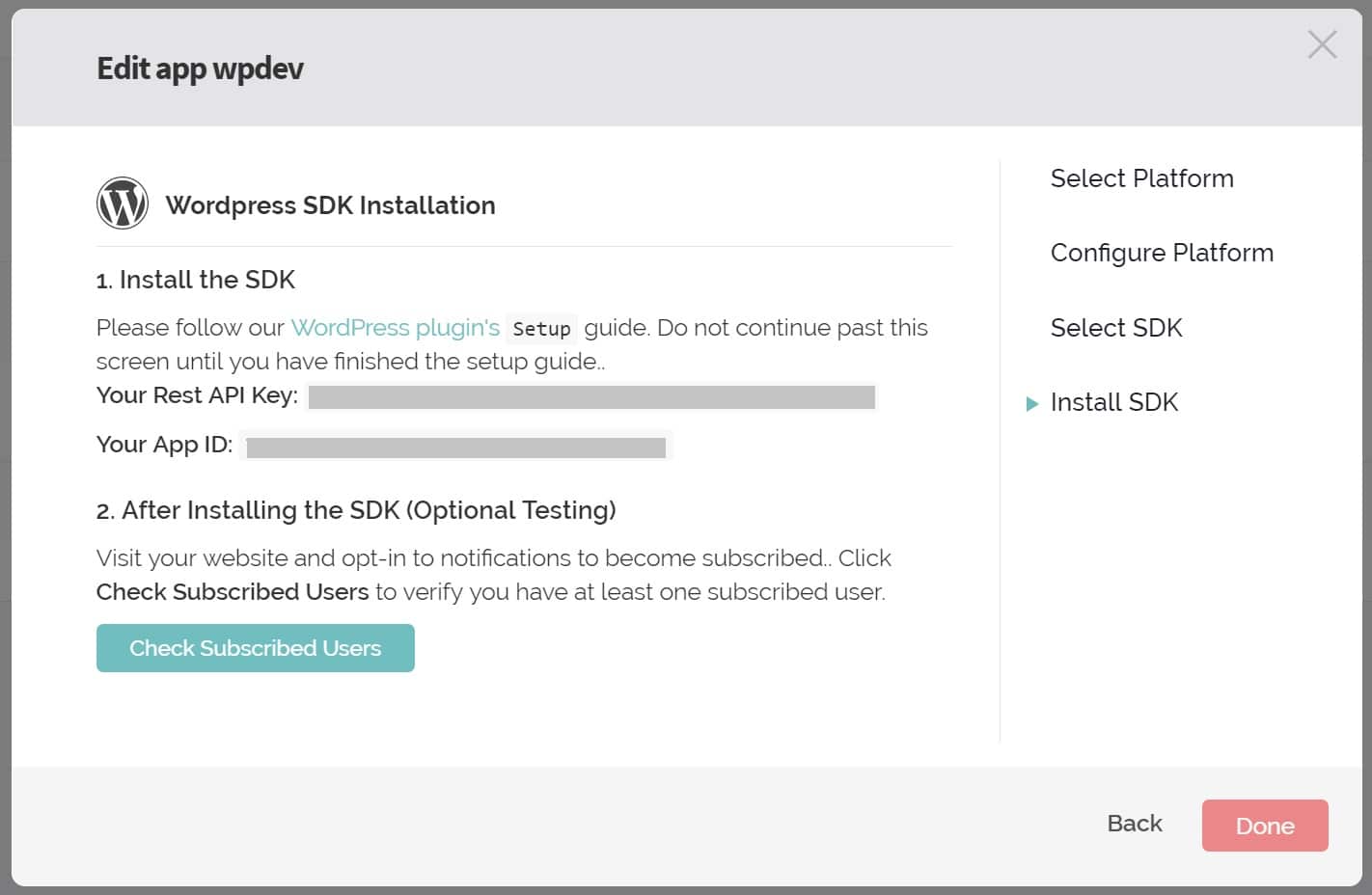 API key e App ID di OneSignal