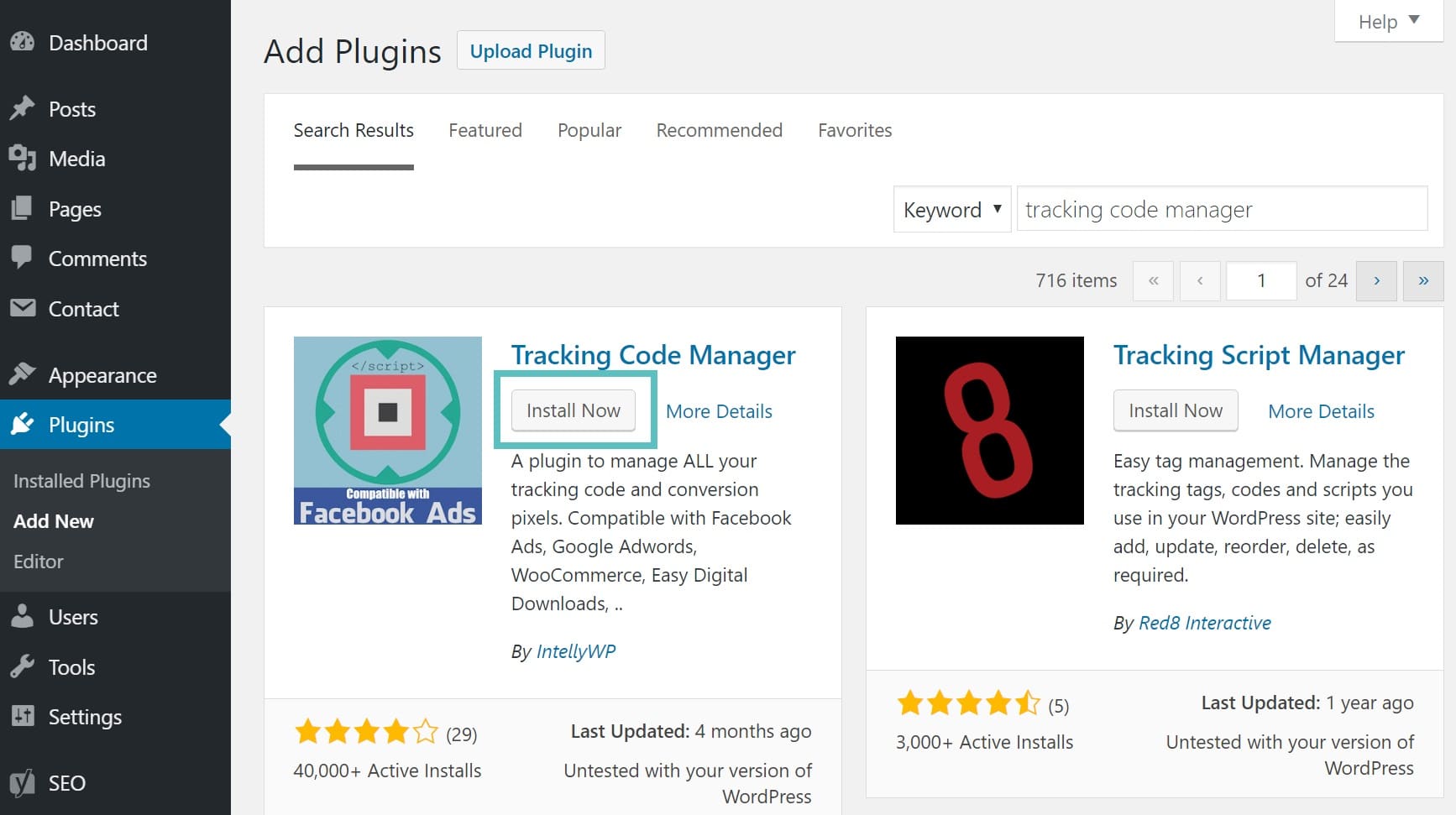 Installazione del plugin Tracking Code Manager di WordPress