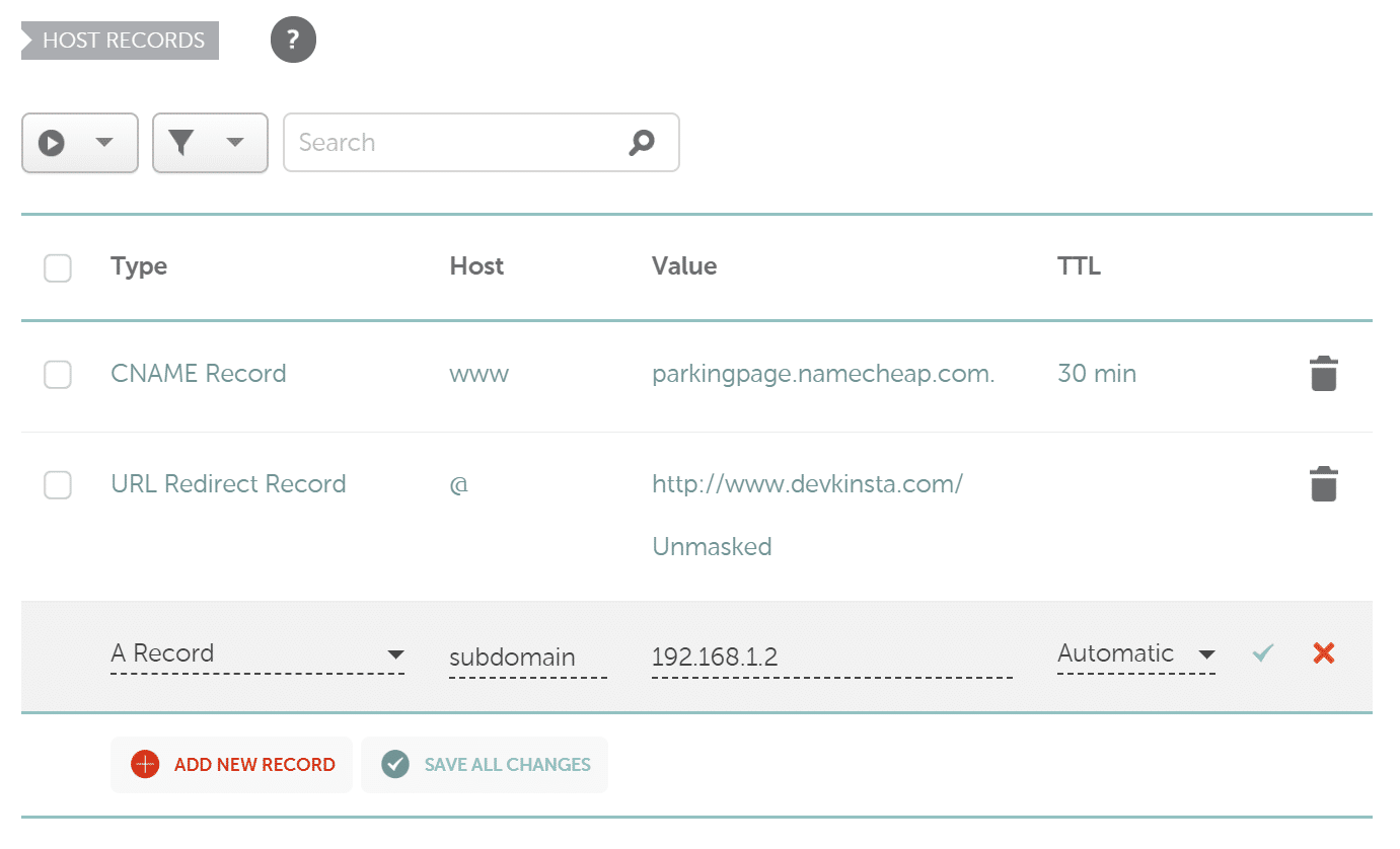 Record A di un sottodominio su Namecheap