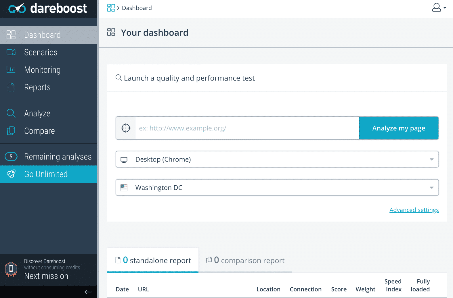 Speed test dei siti web di DareBoost